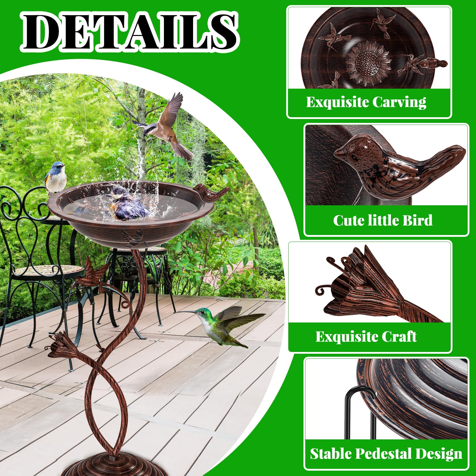 88,9 cm hoher Standfuß, Vintage-Vogeltränke für draußen, Metall-Vogeltränke, Schüssel mit Vogelfigur für draußen, Vogeltränke, Vogeltränke, Vogelfutterstation für Garten, Hof, Rasen, Dekor
