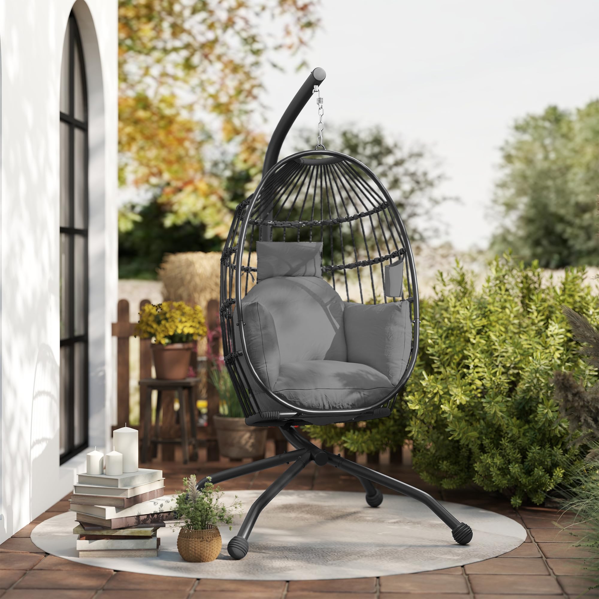 Outsunny Silla Colgante Huevo con Soporte Columpio Jardín Exterior con Cesta Plegable Cojín y Reposacabezas Portavaso Columpio Colgante para Interior y Exterior Carga 120 kg Negro
