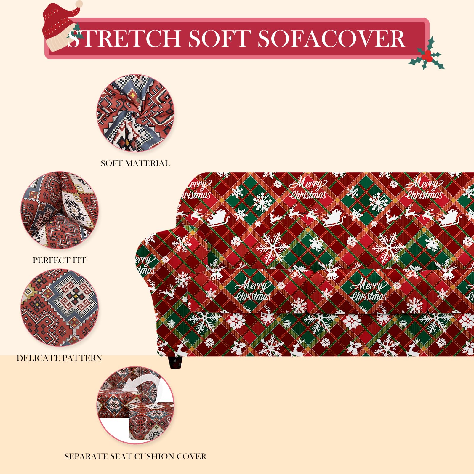 Lot de 4 Housses de canapé de Noël 3 Places avec Housse élastique Extensible - Imprimée - avec accoudoirs - Douce et antidérapante (Flocons de Neige à Carreaux)