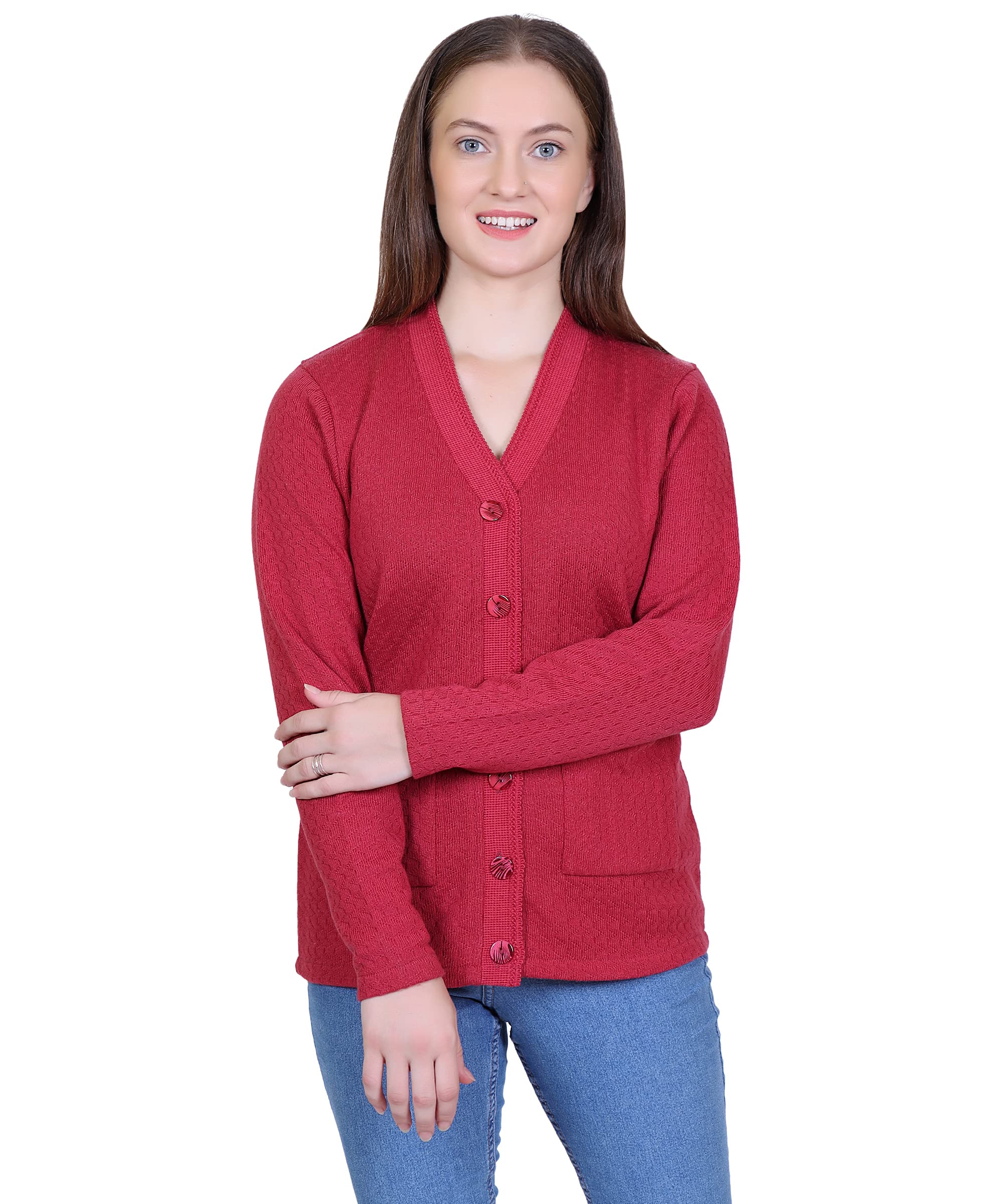 Women Woolen v-Neck Cardigan Sweater for Winter wear with Front Pockets