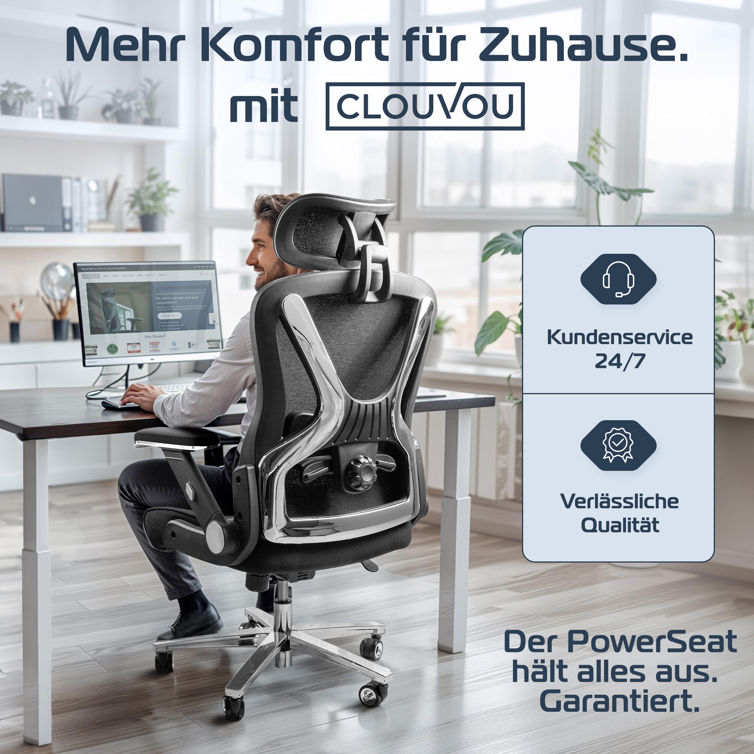 CLOUVOU PowerSeat Bürostuhl Ergonomisch [TESTSIEGER] Schreibtischstuhl 100% individuell einstellbar | Büro Stuhl & Gaming Stuhl | Computerstuhl Home Office Chair Ergonomic | Drehstuhl 200 kg