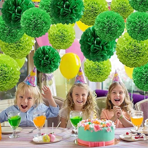 Miniatura 3 de 12 pompones de papel de seda verdes para colgar, pompones para decoración de fiestas de techo (verde oscuro, verde y verde menta)