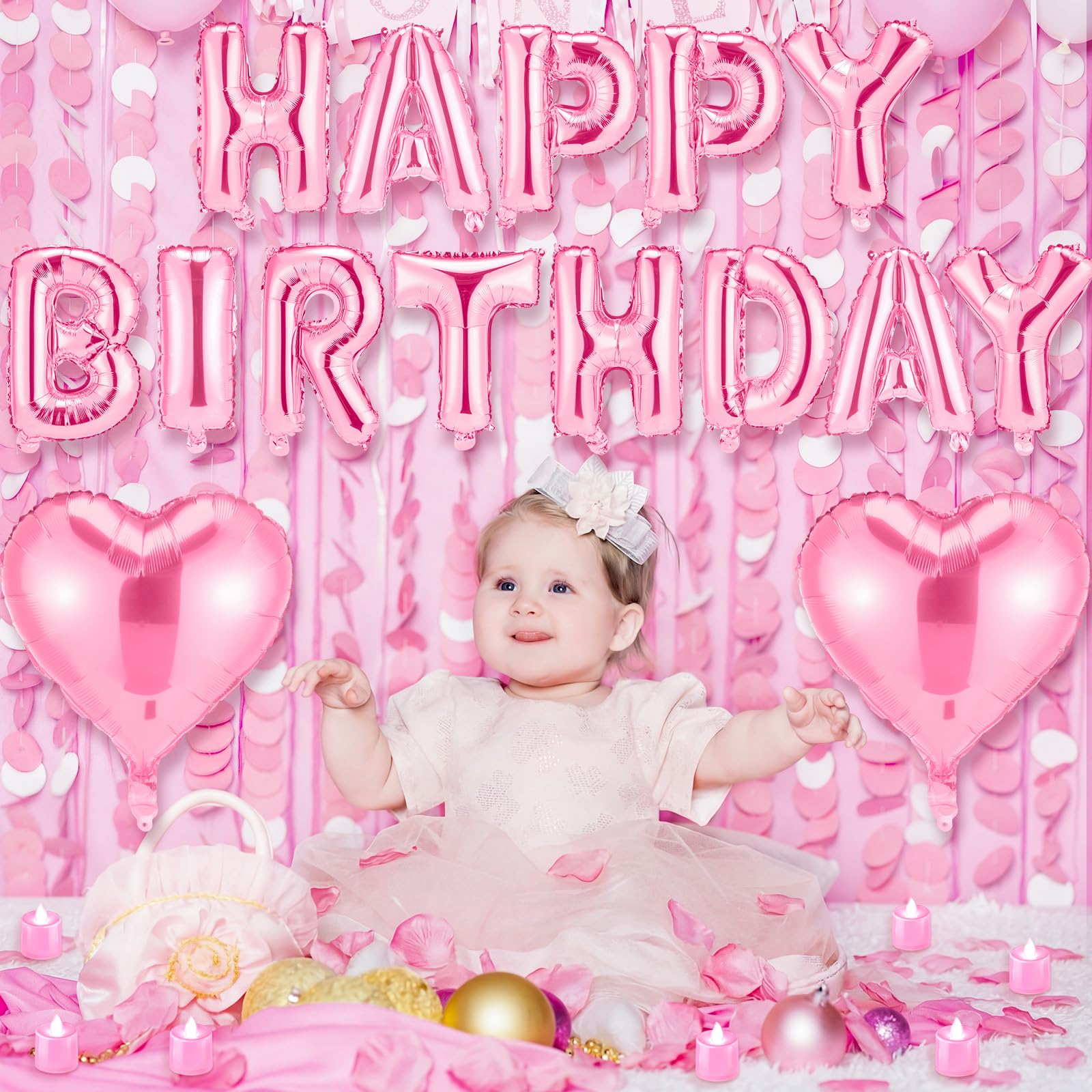 Juego de pancarta de globos de feliz cumpleaños rosa claro de 16 pulgadas con 24 luces LED y 2000 pétalos de rosa rosa para niños y adultos, decoraciones de cumpleaños, suministros de fiesta