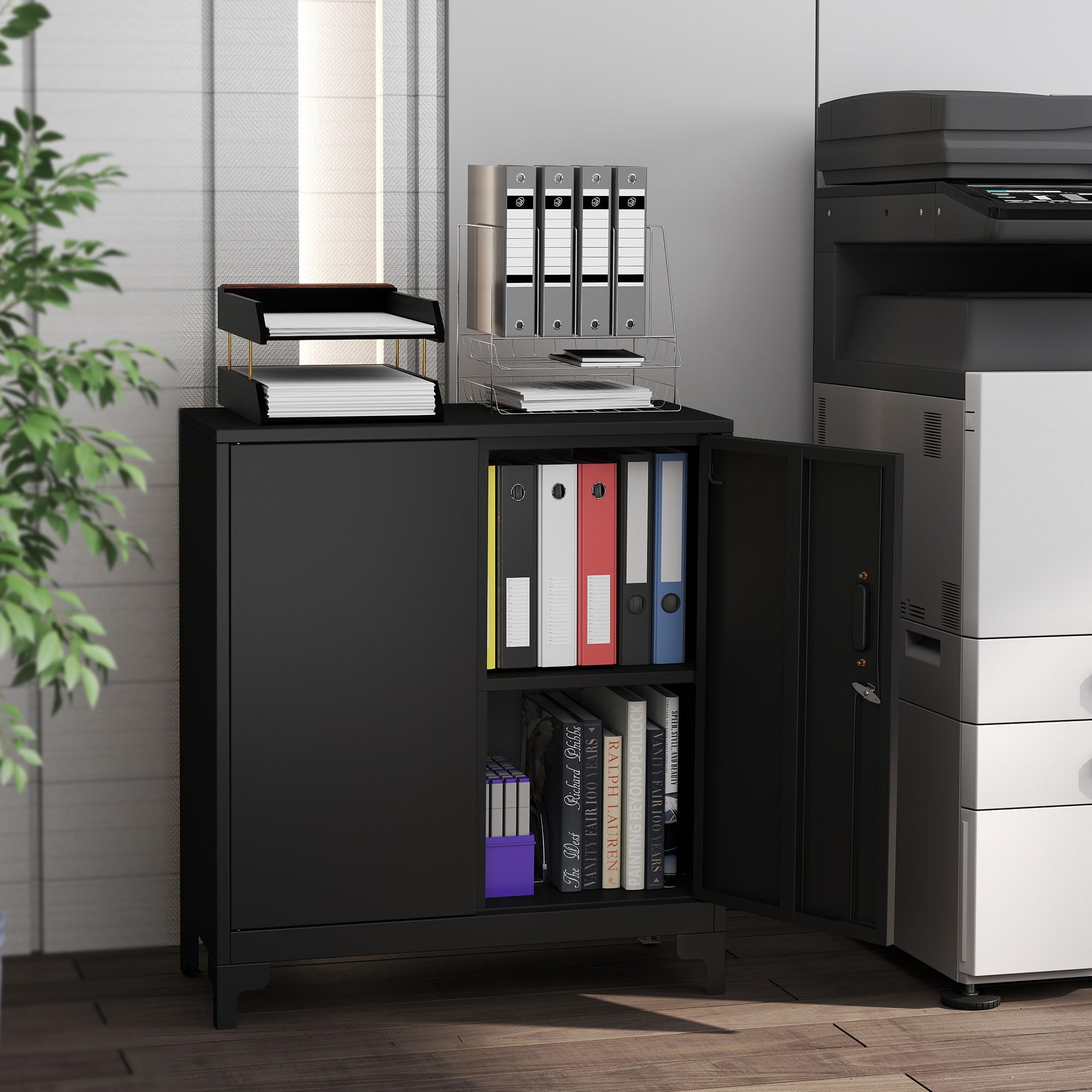 HOMCOM Armoire de Bureau à 2 Niveaux, Meuble de Rangement Bureau métallique avec 2 Portes verrouillables, Armoire à dossiers pour Domicile, Garage, 80 x 35 x 91 cm, Noir