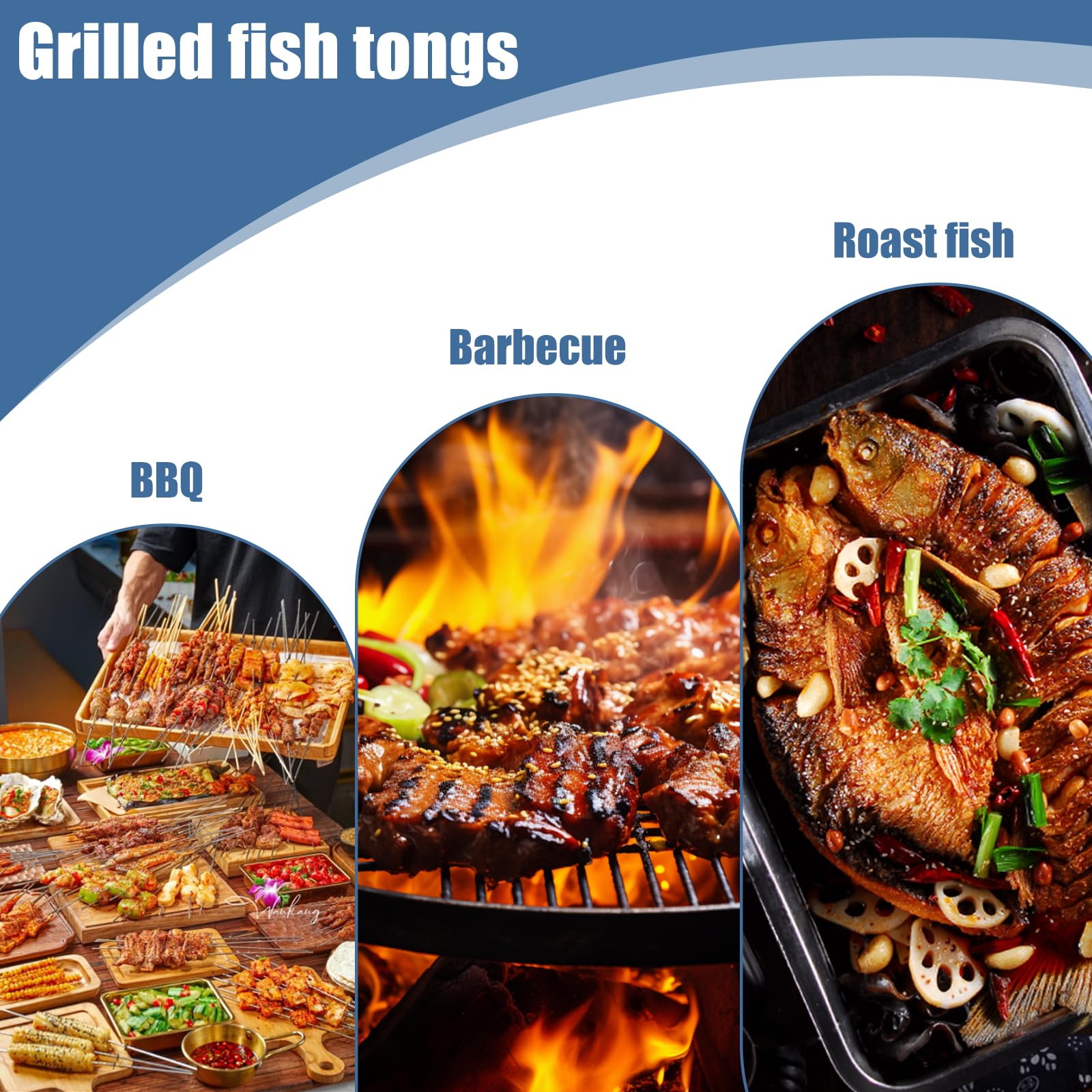 3er-Set Fisch Grillhalter mit Holzgriff, 63x12cm Große Fischbräter Fischgriller mit Griff aus Metall, Fischhalter Fischwender Grillfisch Rack Fischgrillzange Fischkorb für Grill und BBQ