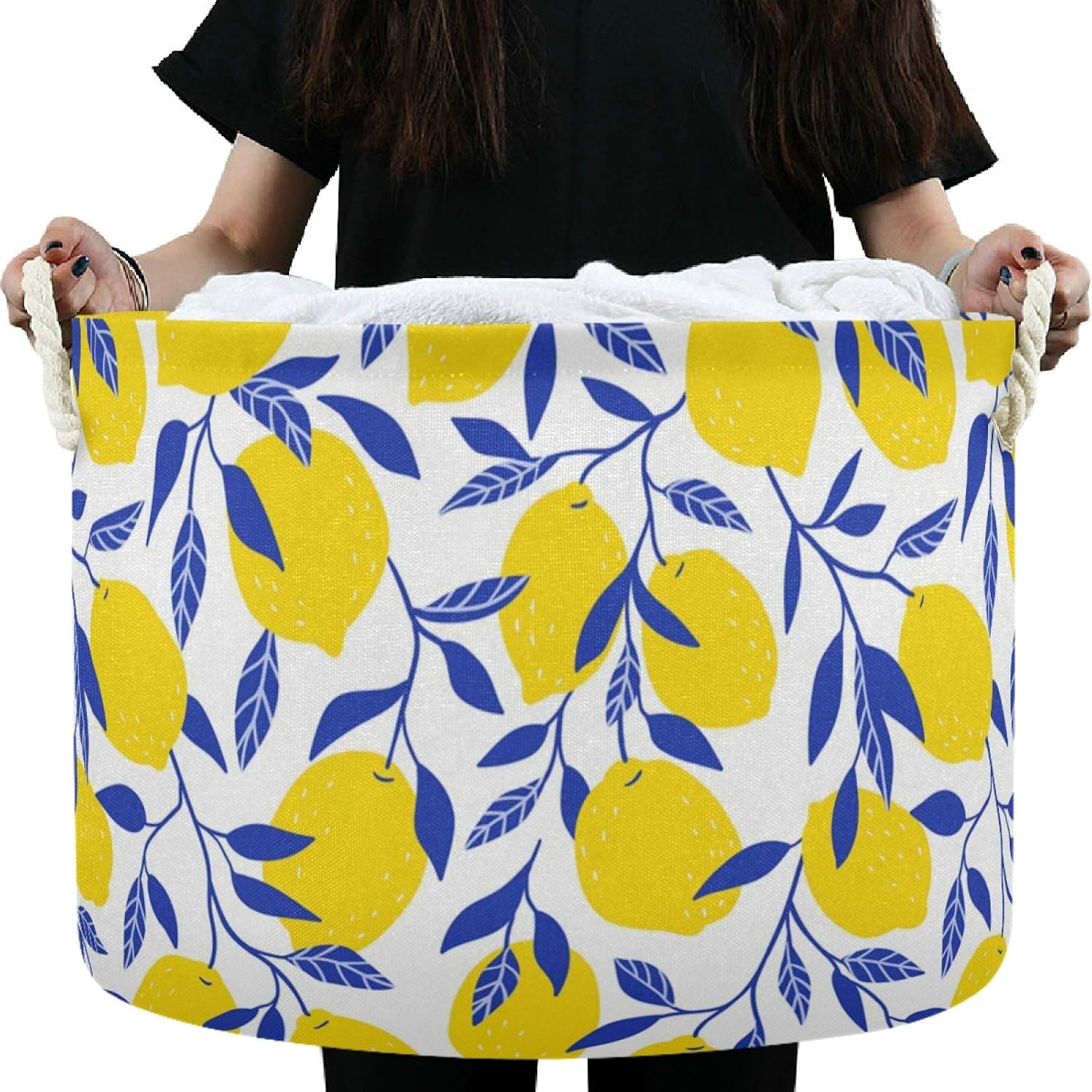 visesunny Storage Basket Yellow Lemon With Blue Leaf Nursery Hamper Canvas Fabric Toy Storage Organizer Bin Storage Box Laundry Basket for Kid Rooms,Playroom,Shelves,Toy Basket,Gift Basket
