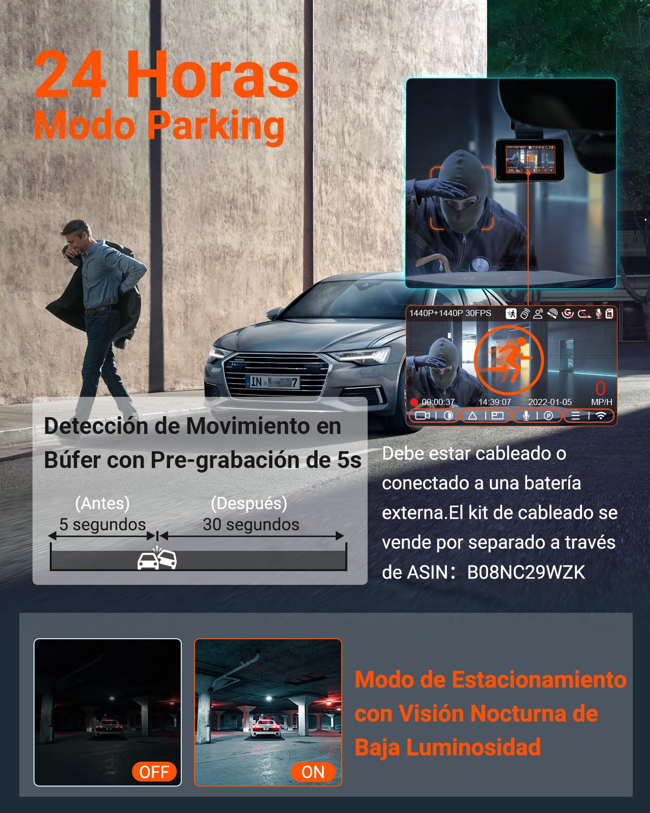 VANTRUE E2 1944P+1944P Cámara de Coche 5GHz WiFi GPS, inalámbrica y controlada por Voz Trasera Delantera, WDR Night Vision Buffer Parking Mode Car Camera, 2.45 Pulgadas 320 °, 512GB máximo