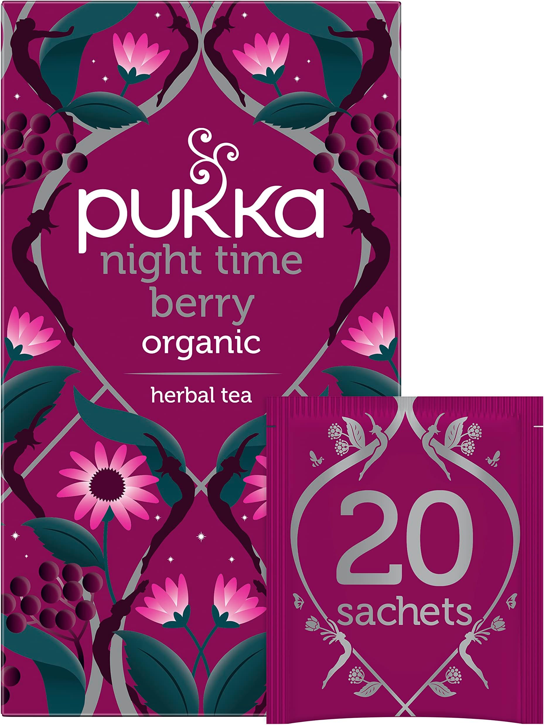 Organic Night Time Berry Herbal Tea with Chamomile, Echinacea, and Elderberry, Caffeine Free, 20 Total Tea Bags