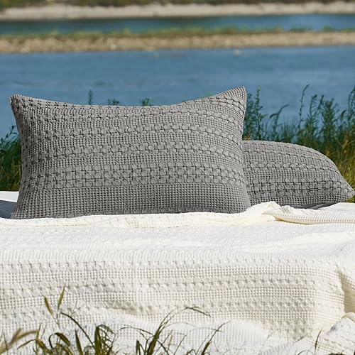 Miniatura 6 de PHF Juego de 2 fundas de almohada 100 % algodón con diseño de gofre, tamaño estándar, suaves, transpirables y agradables al tacto, fundas