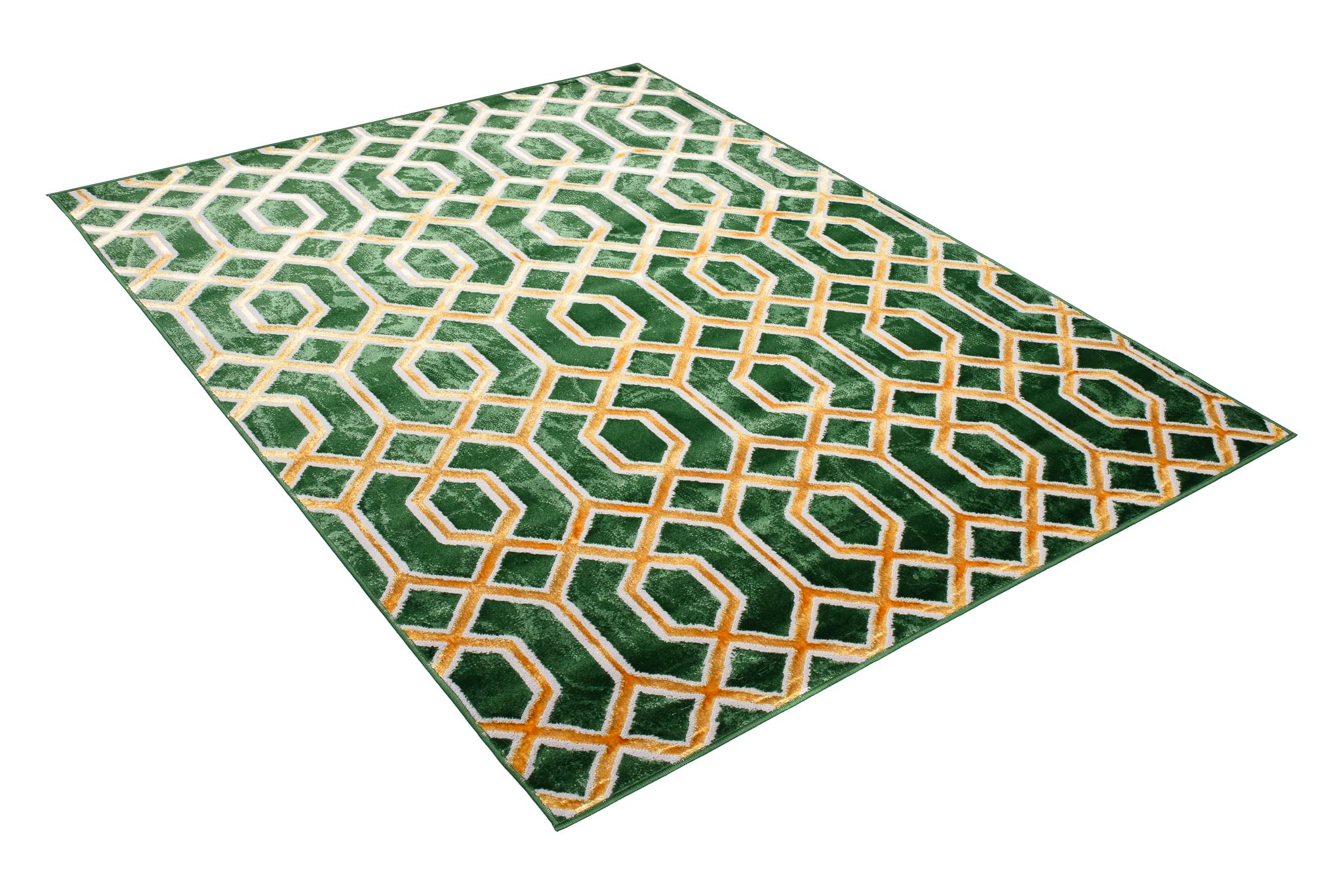 TAPISO Turmalin Tapis de Salon Chambre Salle à Manger Ado Bureau Entrée Design Moderne Vert Or Brillant Moucheté Hexagones Géométrique Intérieur Doux Poils Ras 80 x 150 cm