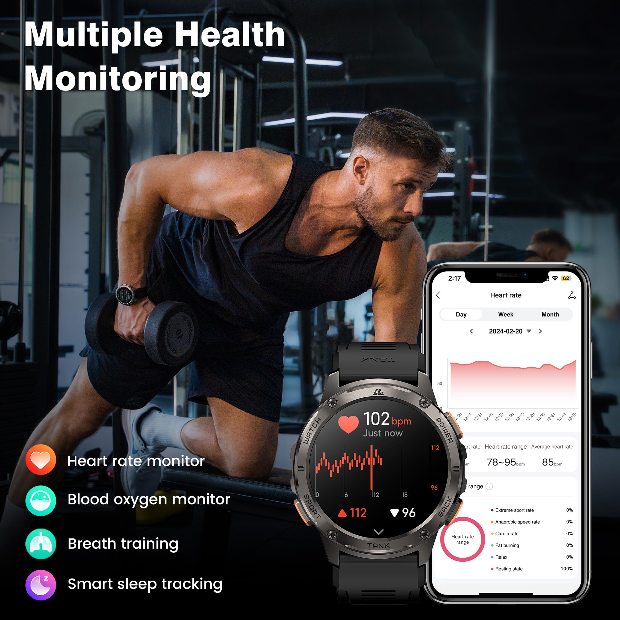 KOSPET TANK T3 Smartwatch，Impermeabile 5ATM & IP69K, Batteria Extra Large | Corpo in Acciaio Completo, Monitoraggio Frequenza Cardiaca e SpO2, 170+Modalità Sportiva, Compatibile Android & iPhone Nero