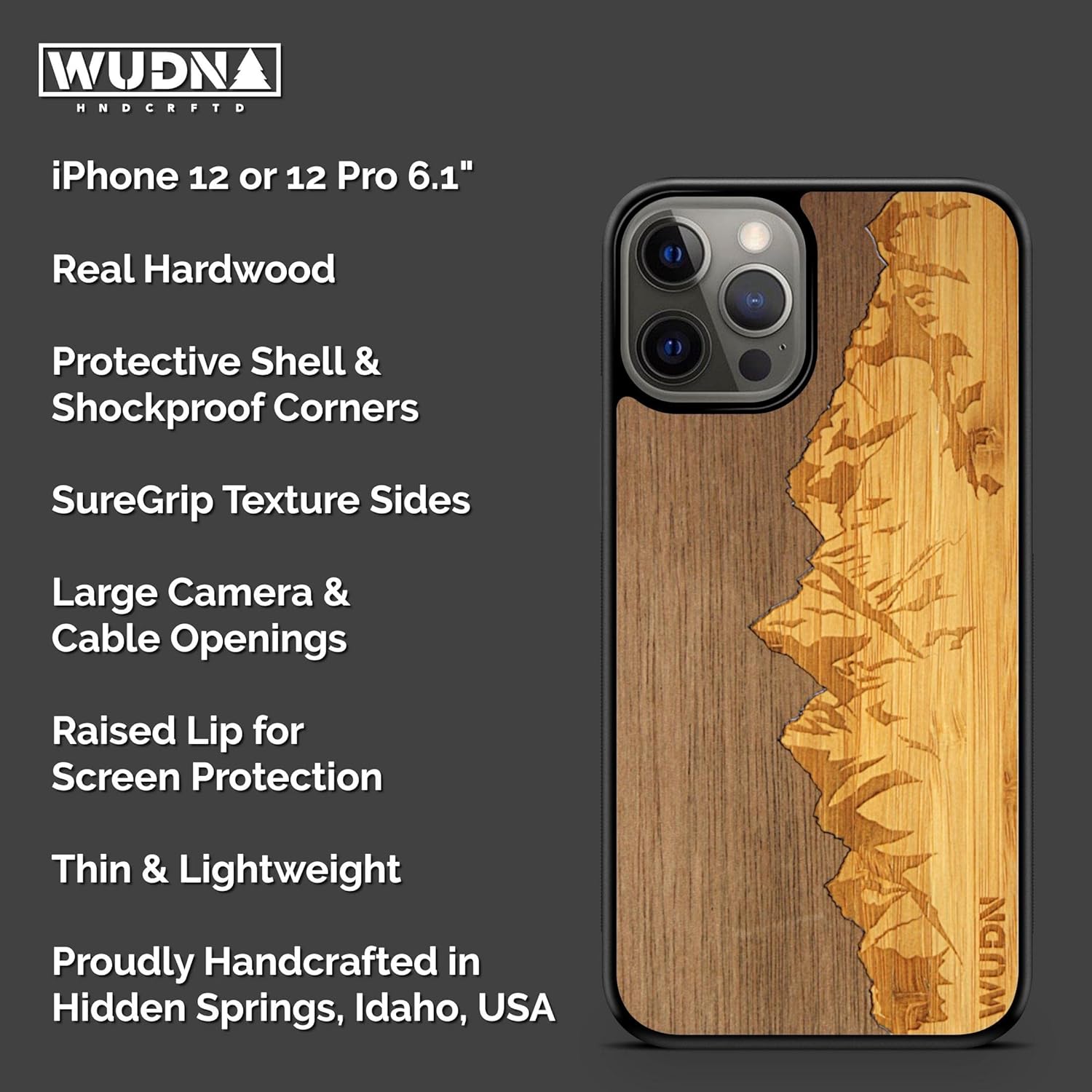 WUDN Slim Wooden Phone Case (Sawtooth Mountains | Walnut Sky) Compatible with iPhone 12 Pro or 12