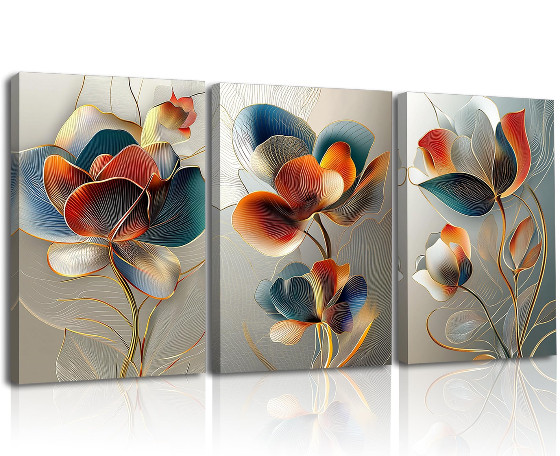 Piy Painting 3x Cuadros De Lienzo Flores, Pintura Sobre Lienzo Moderna, Naranja Impresión HD Impresiones Murales, Grandes Cuadros Con Marco Interior Listo Para Colgar Para Entrada, Baño, 58x40 cm