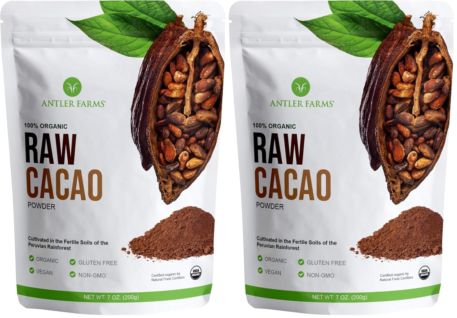 Antler Farms - 100% Pure Organic Raw Cacao Powder, 40 servings, 200g - Vegan, Gluten Free, Cultivated Naturally in Amazon Rainforest, Certified USDA Organic (Pack of 2)