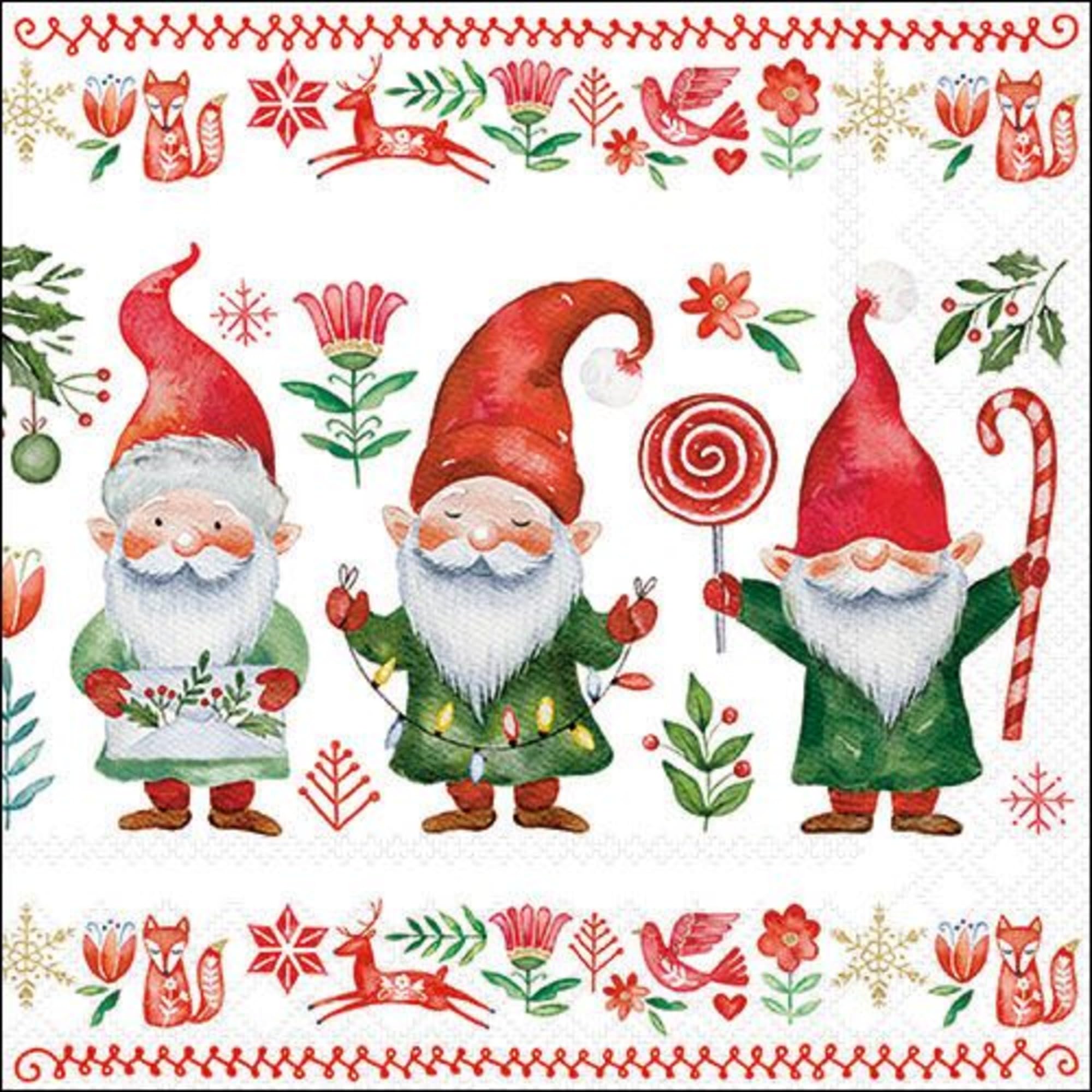 Set of 2 Individual Decoupage Paper Party Art Craft Napkin Christmas Gnoms Watercolor Decor Luncheon Napkins for a Birthday Holiday, Wedding, Cocktail Party