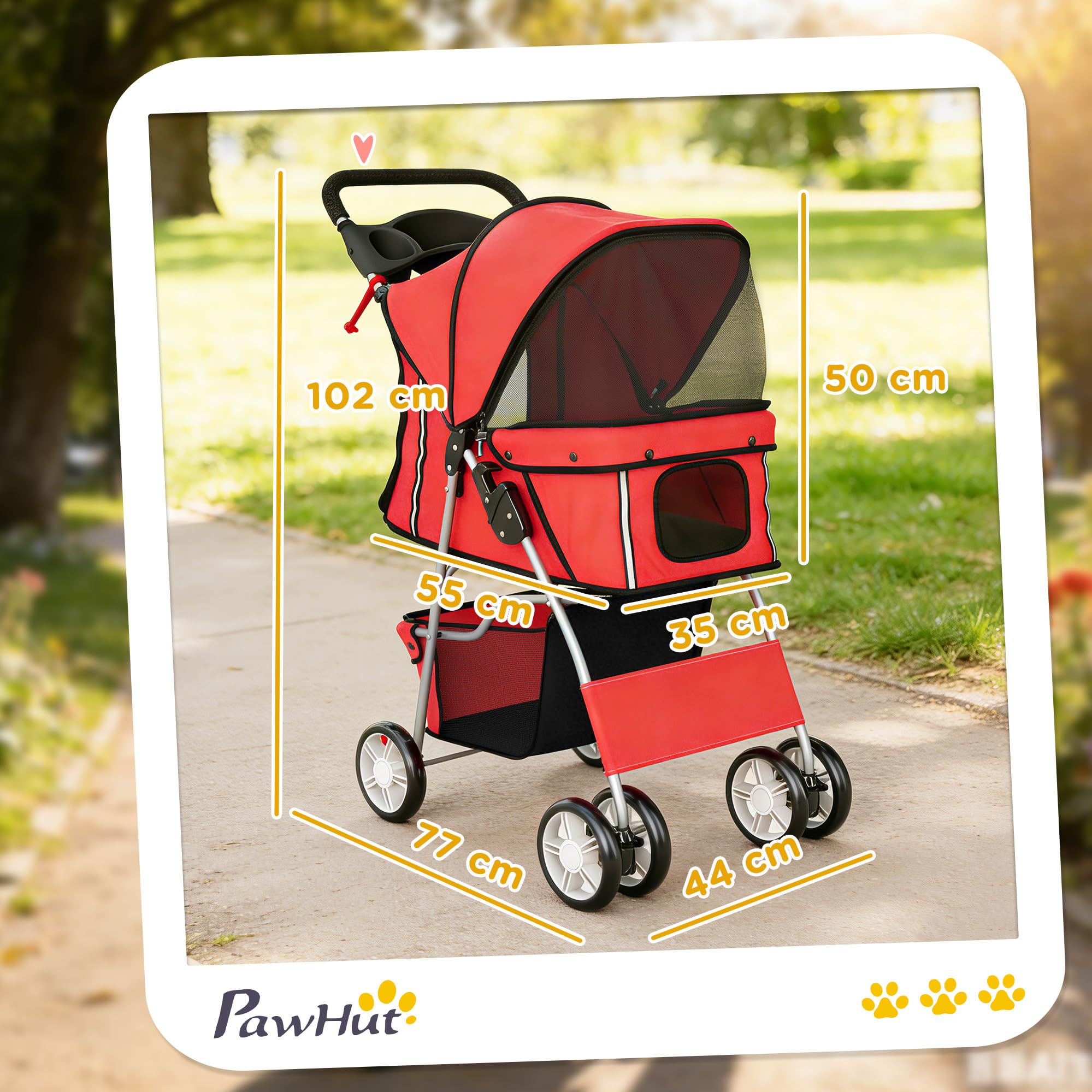 Poussette Buggy Pliable Animaux, Chariot Pliante Imperméable pour Chien et Chat, Toit Amovible Incluse, Porte-Gobelet, Panier de Rangement, Roues avec Frein, Tissu 600D Oxford, Acier, Rouge