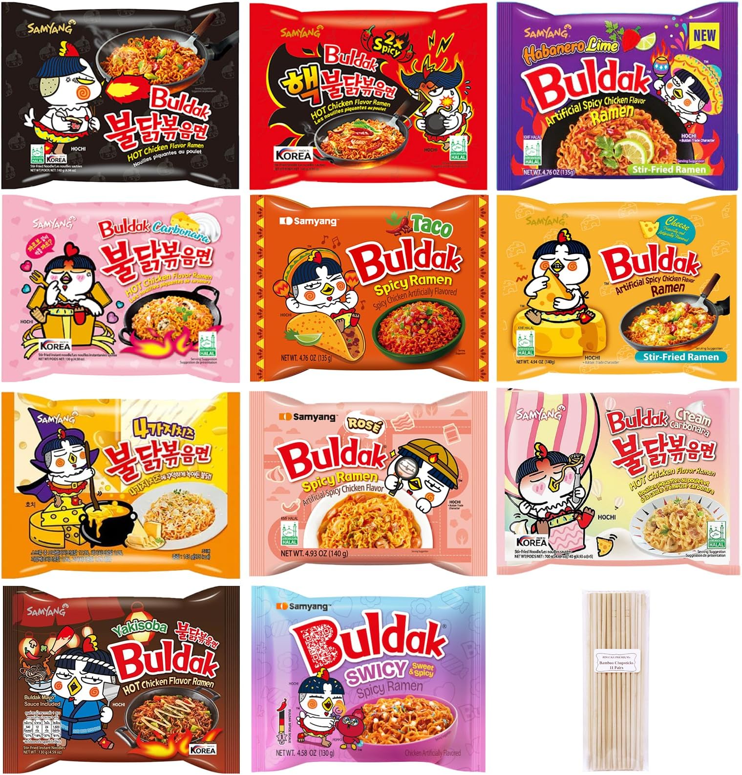 Samyang Spicy Hot Chicken Ramen 11 Flavor Variety Pack - FREE Chopsticks - Korean Buldak Ramen Noodles (11 Pack)