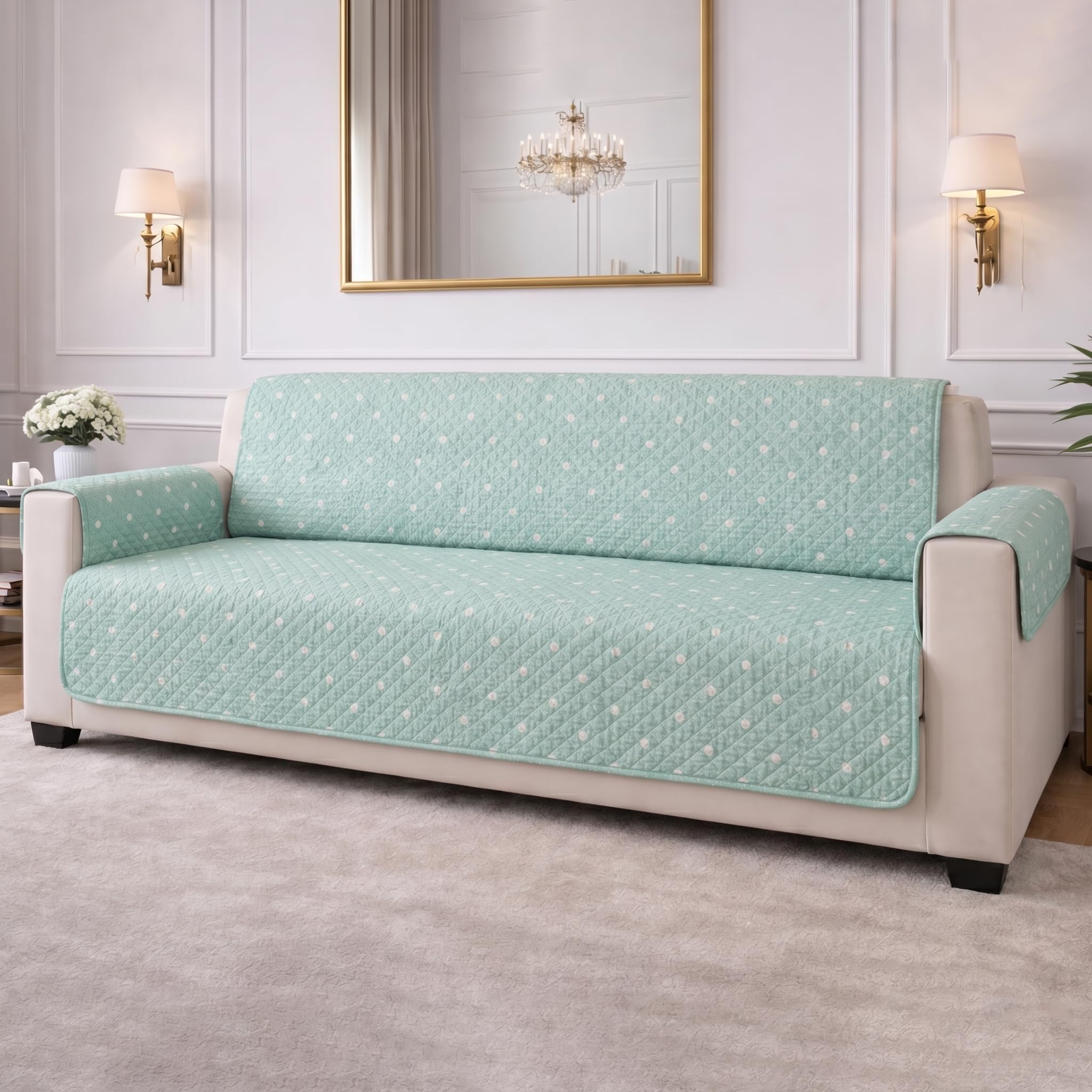 STITCHNEST 'CloudFeel Series' Quilted Printed Velvet Sofa Cover for 1 Seater | Premium Soft Velvet Sofa Protector | Mint Green Polka Dot Design with Armrest Pockets | Furniture Cover