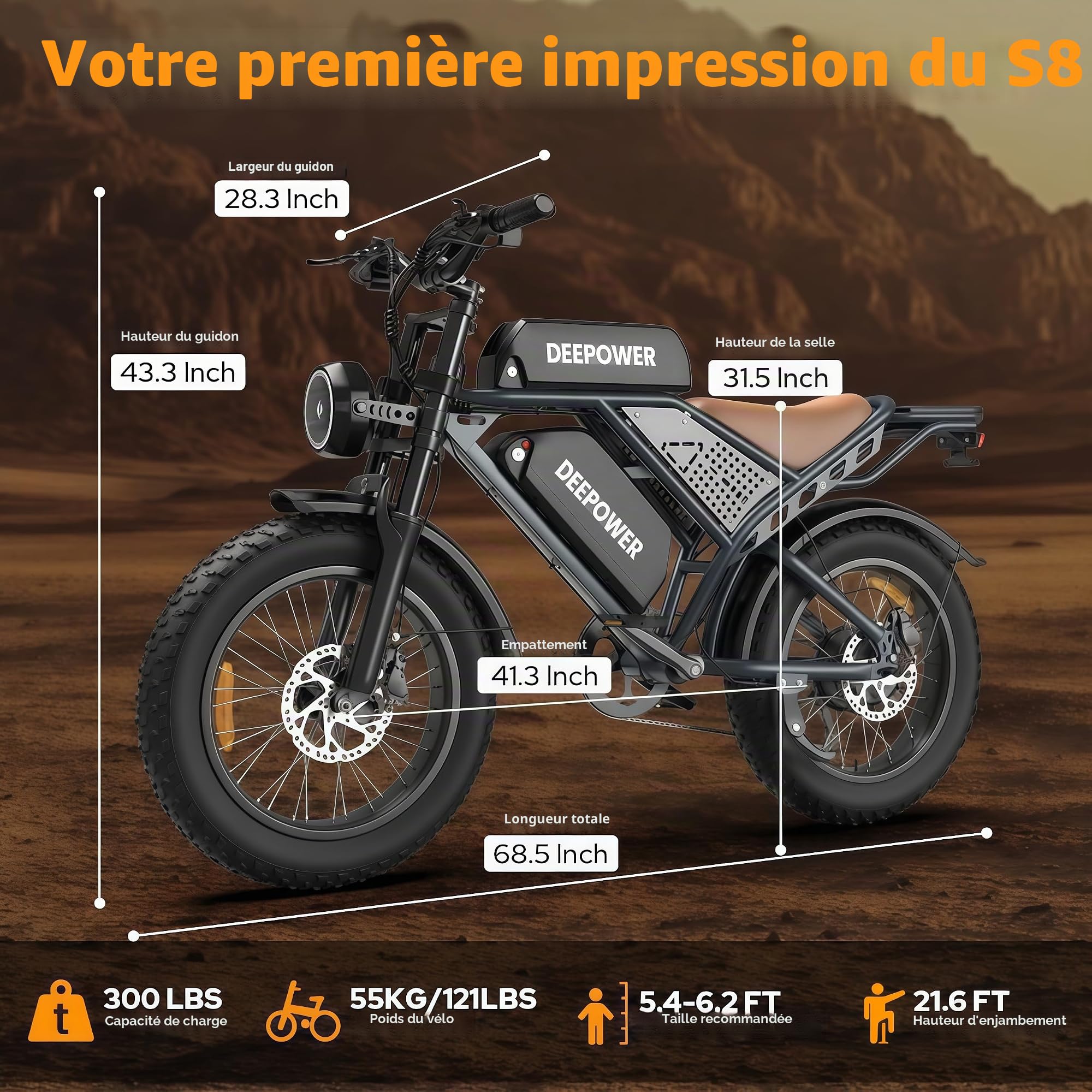 DEEPOWER S8 Vélo Électrique À Double Moteur, Batterie Amovible 48V 60Ah, Autonomie De 120‑250KM, Pneus Larges 20", 7 Vitesses, Suspension Intégrale, Freins Hydrauliques, VTT Électrique