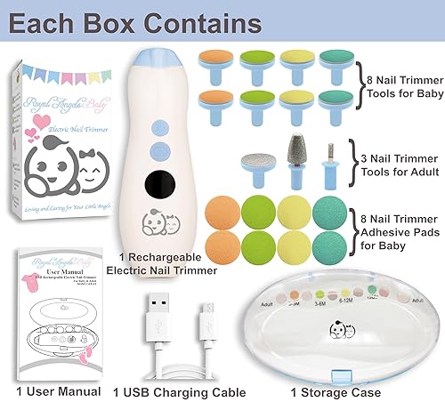 Miniatura 6 de Royal Angels - Cortauñas para bebé 20 en 1  Cortauñas eléctrico seguro para bebé, kit de lima de uñas para bebé, cabezales de repuesto adicionales,