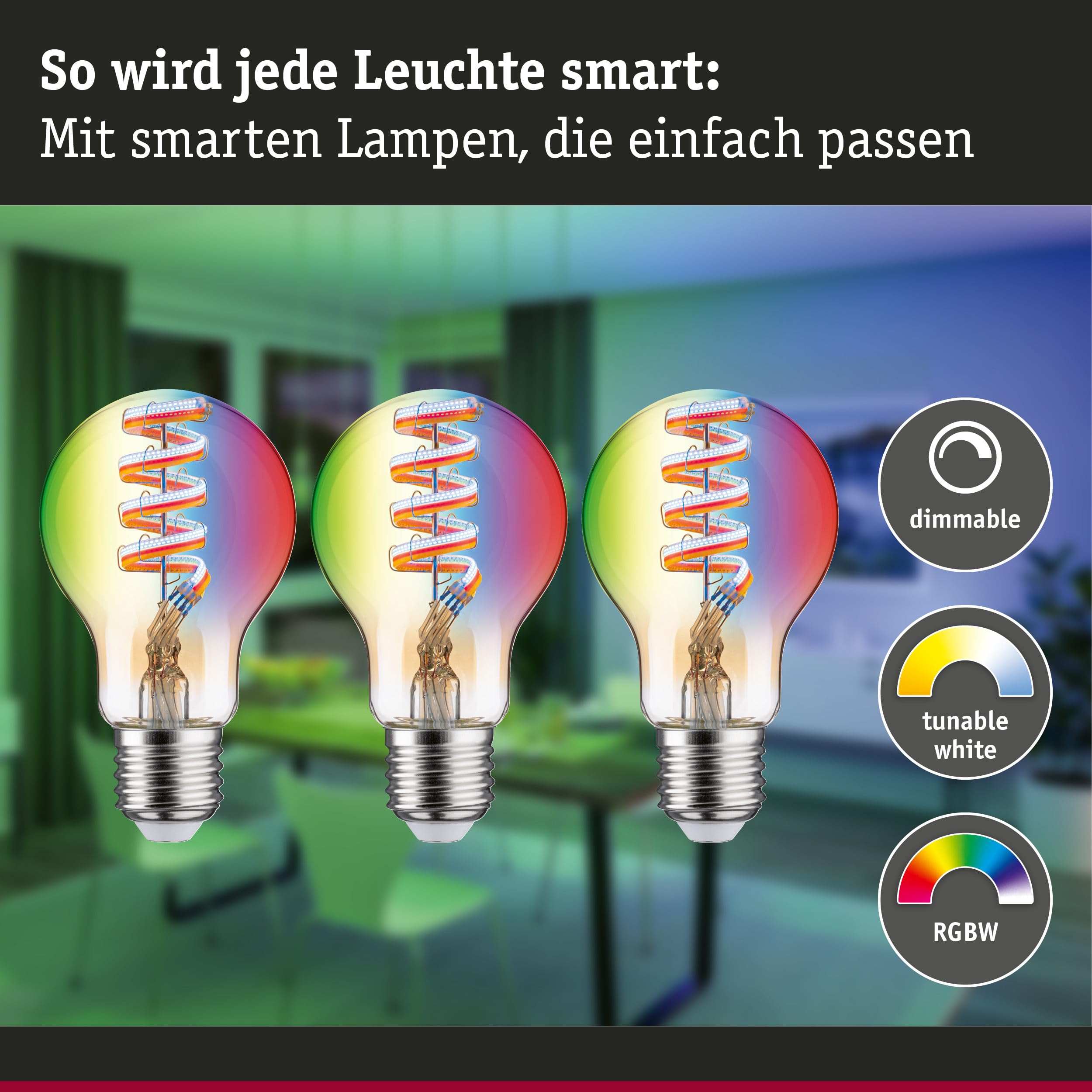 Paulmann 29163 Bombilla LED filamentos 230V Smart Home Zigbee, E27, 3x470lm, 3x6,3W, RGBW+, regulable, oro, fuente de luz