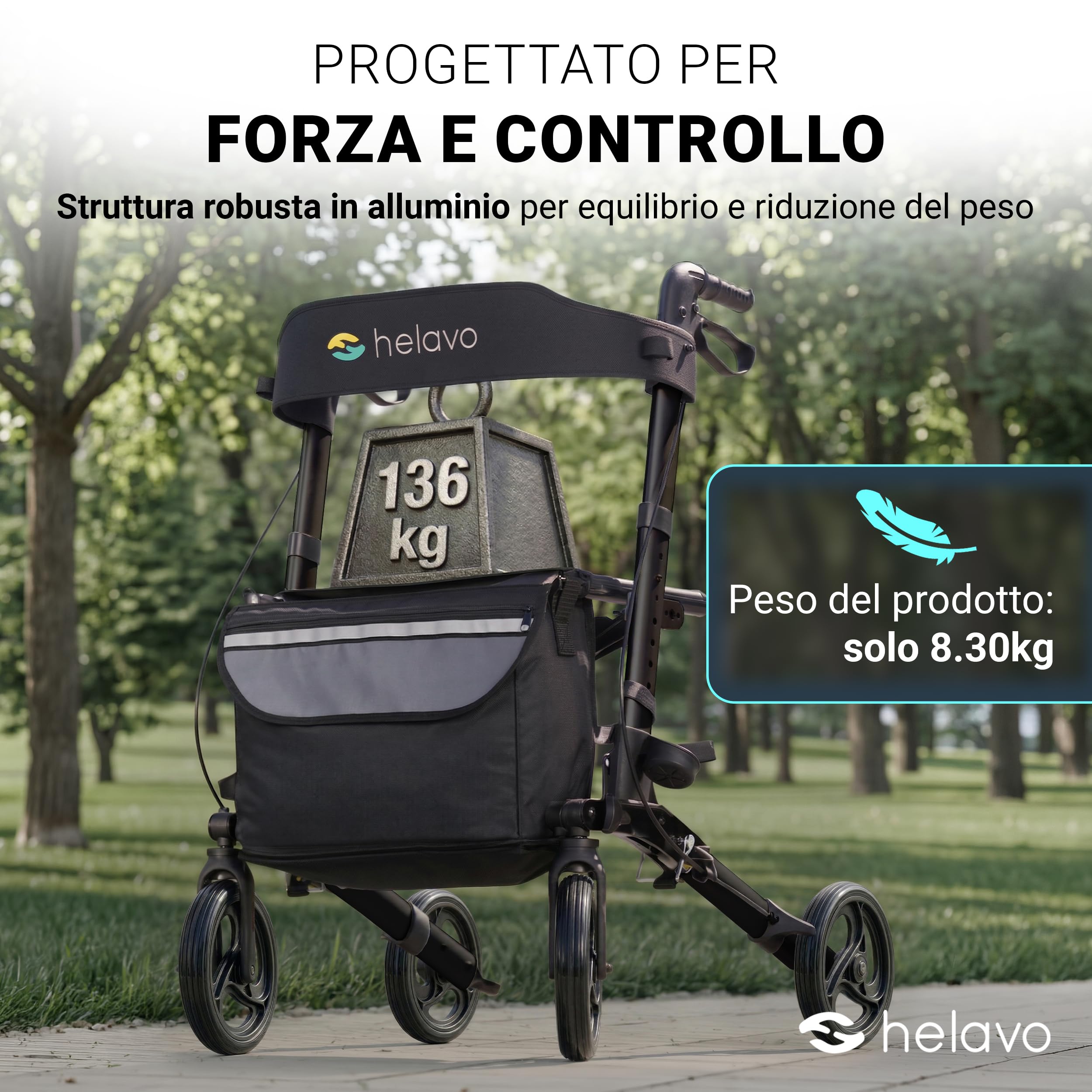 Helavo deambulatore per anziani pieghevole in alluminio con seduta schienale - freni rollator leggero 4 ruote - girello pieghevole per interni ed esterni supporto fino a 136 kg