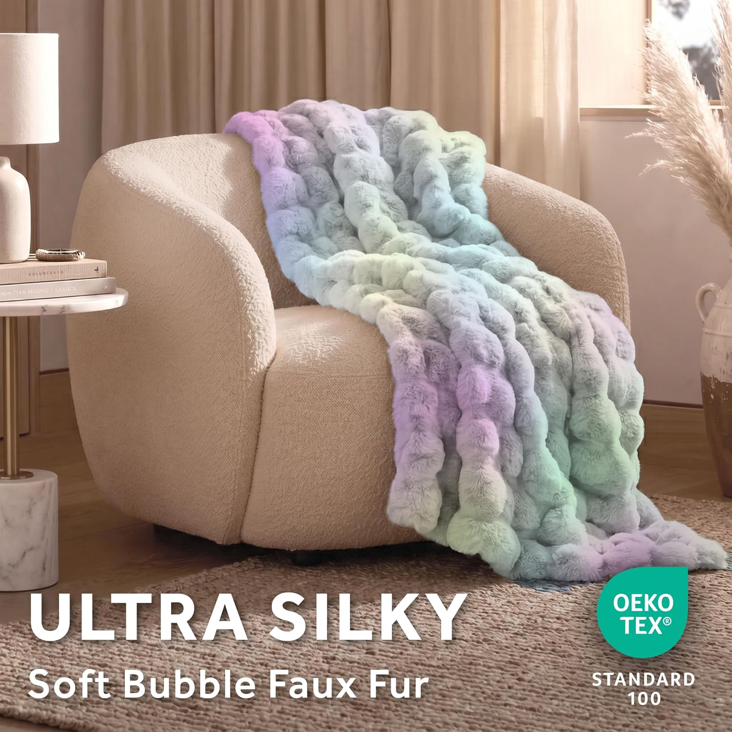 Sunbeam Electric Heated Throw Blanket Faux Fur Rainbow Bubble 50x60