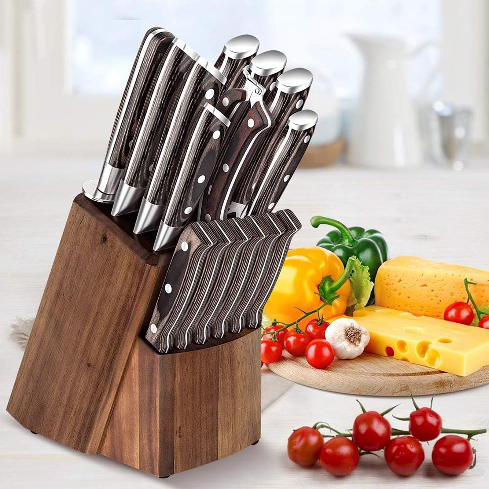 IKXO Kitchen Knife Set 16-Piece Knife Set with Built-in Sharpener and Wooden Block Precious Wengewood Handle for Chef