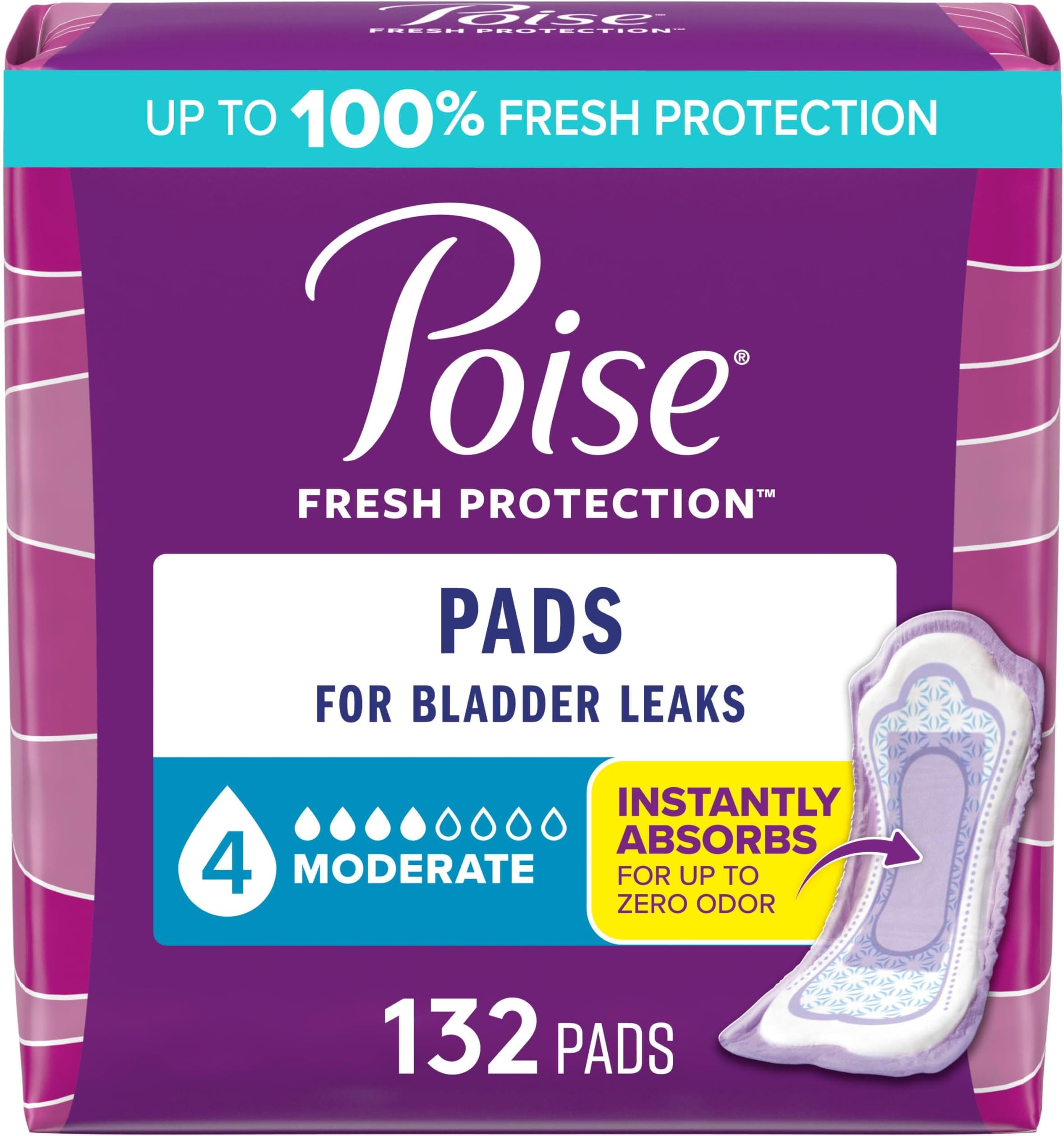 Poise Incontinence & Postpartum Pads for Bladder Leaks, 4 Drop Moderate Absorbency, Regular Length, 132 Count, Packaging May Vary