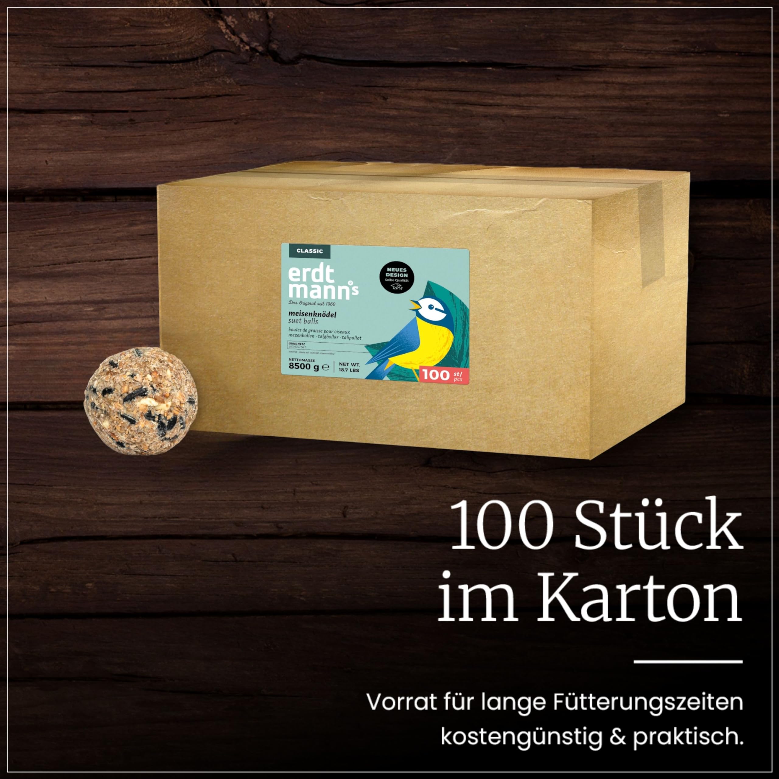 Erdtmanns Meisenknödel ohne Netz 100 Stück 8,5 kg – umweltfreundliches Wildvogelfutter mit Sonnenblumenkernen, Hafer & Talg – Ganzjahresfutter – ohne Plastiknetz & leicht zu verfüttern