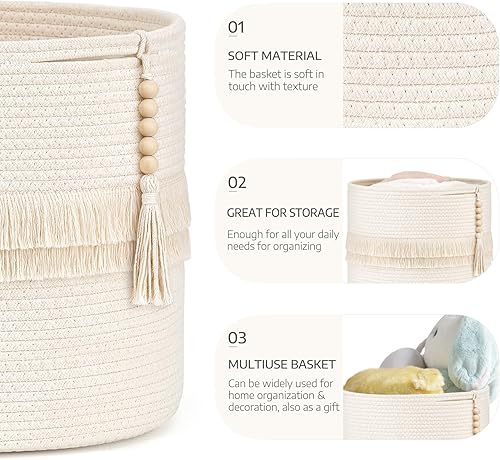 Miniatura 5 de Dahey Cesta de almacenamiento decorativa de cuerda de algodón de macramé, decoración bohemia para guardería, pequeña y bonita borla tejida con