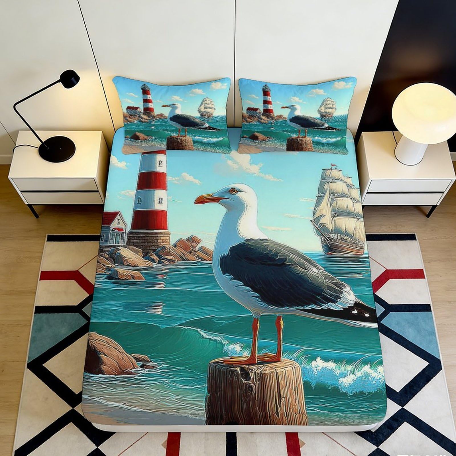 Jqzkxnhpbr Style-8 3D Printed Seaside Lighthouse Fitted Sheet Microfiber Non-Slip Seagull Mattress Cover Ocean Theme Decor For Bedroom Guest Room 90X200x25cm