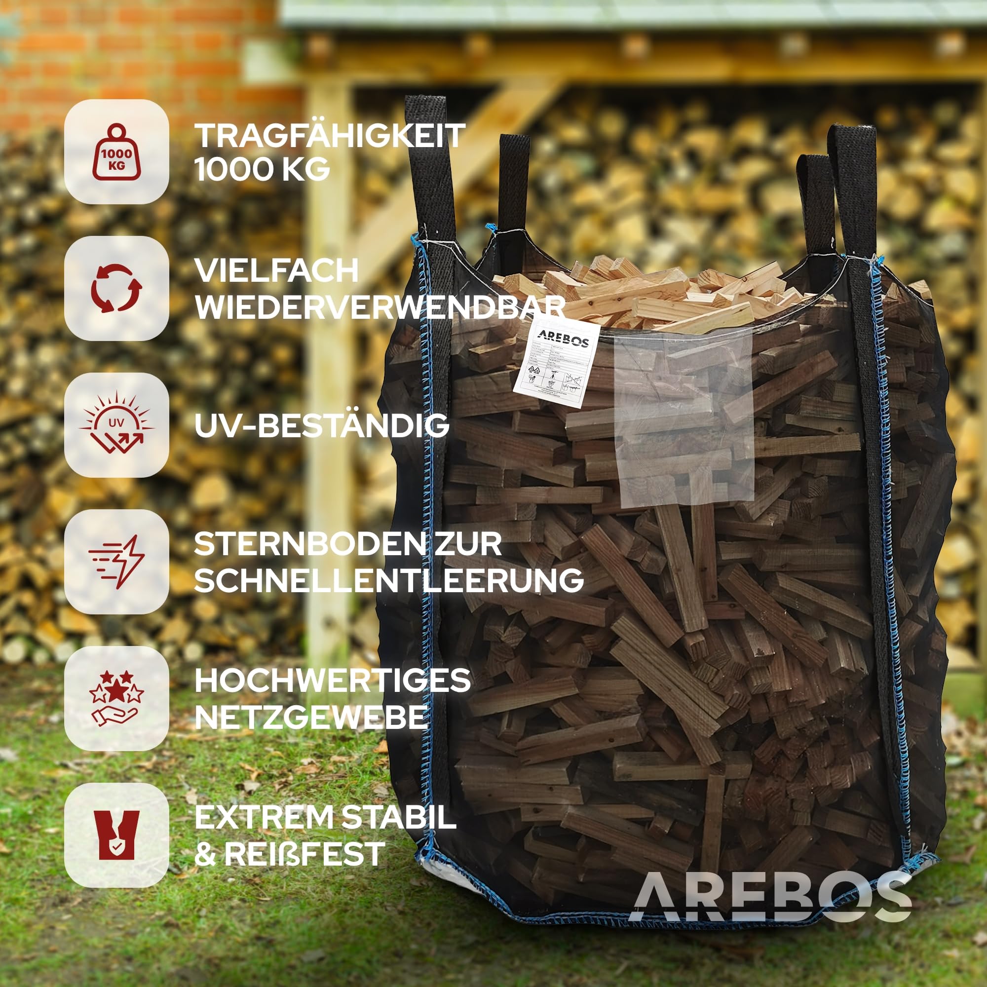 Arebos Premium Holzsack 5er Pack | Big Bag 100x100x120 cm | mit 4 Schlaufen und Einfüllschürze | Tragfähigkeit 1000 kg, SF 5:1, EN ISO 21898 | Säcke für Bauschutt, Holz, Gartenabfall | UV-Beständig