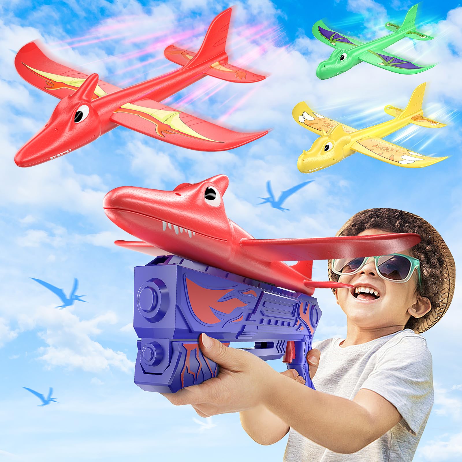 3 Pack Dinosaur Airplane Launcher Toys, 2 Flight Modes Kids Outdoor Flying Toys Airplanes Foam Glider Catapult Planes, Birthday Gifts for Boys Girls 3 4 5 6 7 8 9 10 11 12 Year Old