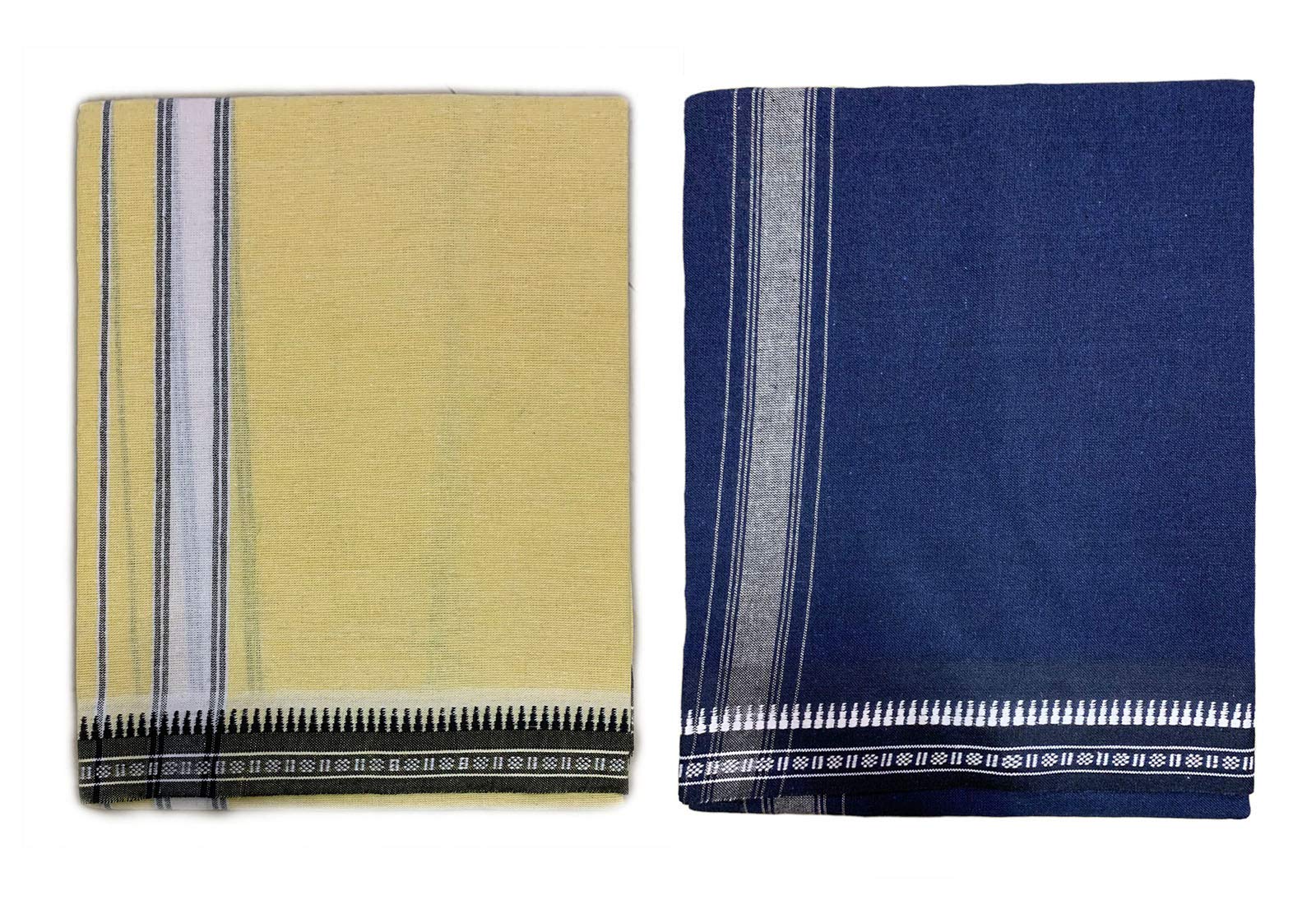Prakasam Cotton Mens Colour Thalapathi Border Single Dhoti/Size1.28X2.00 Mtrs/Combo Pack Of 2 Dhoties Yellow-Navy