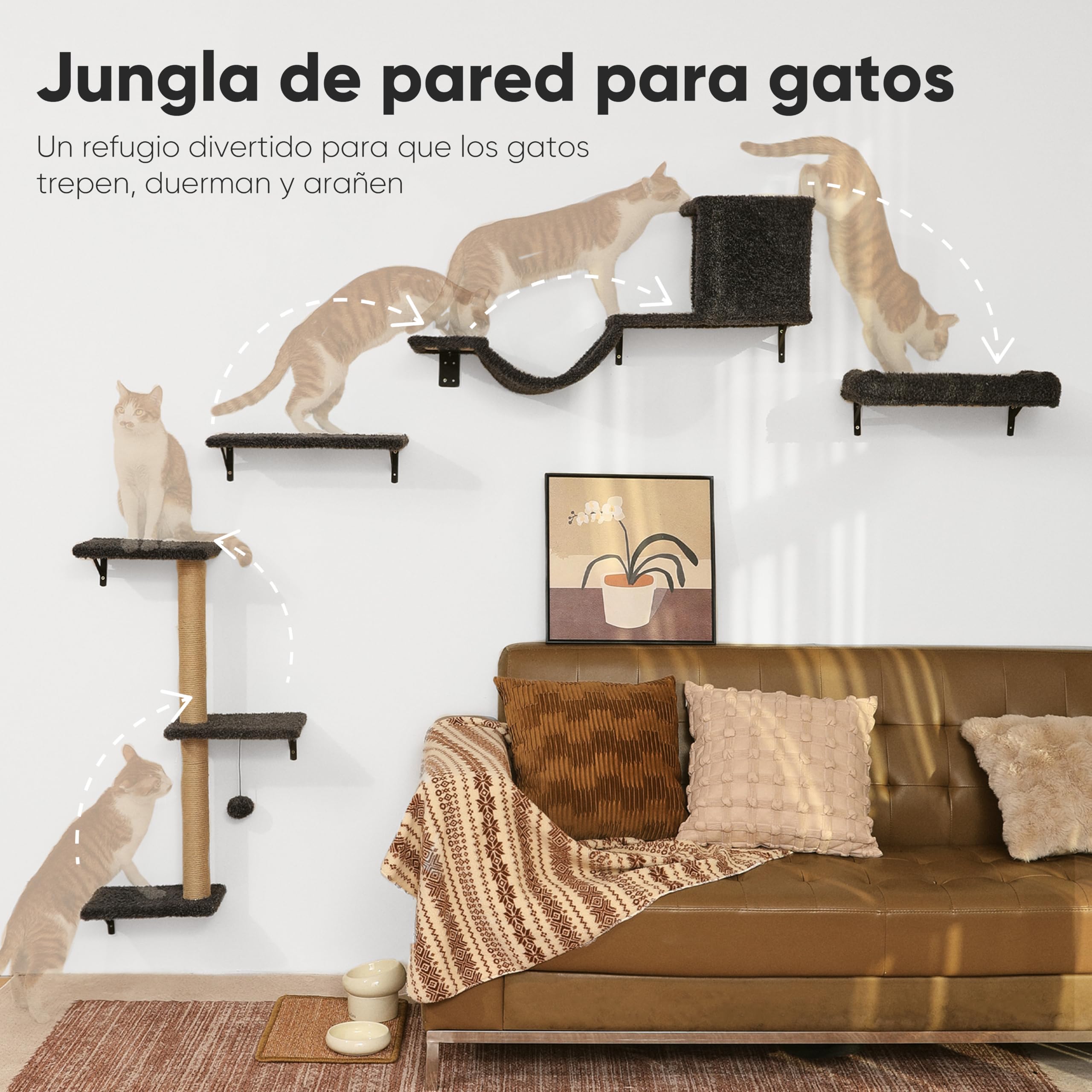 FUKUMARU Set de Pared de Escalada para Gatos, 4 Piezas - Estanterías de Pared, Hechas de Placas Multicapa Fuertes, Puente para Gatos, Árbol para Gatos, Escaleras para Gatos hasta 18 kg, Gris