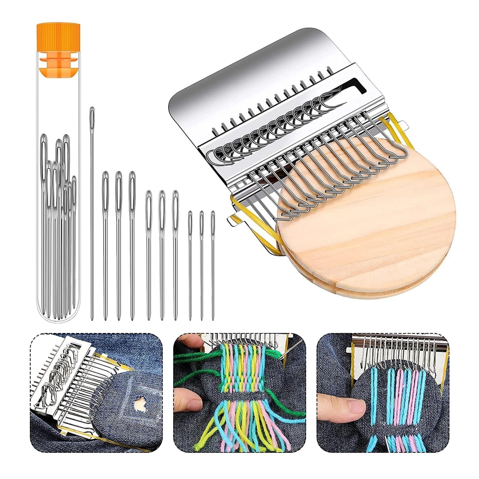 Wooden Darning Loom Kit 14 haczyków + 9 igieł, do mini Weaving Tool for Mending Jeans Socks Clothes, DIY Textile Repair Accessory