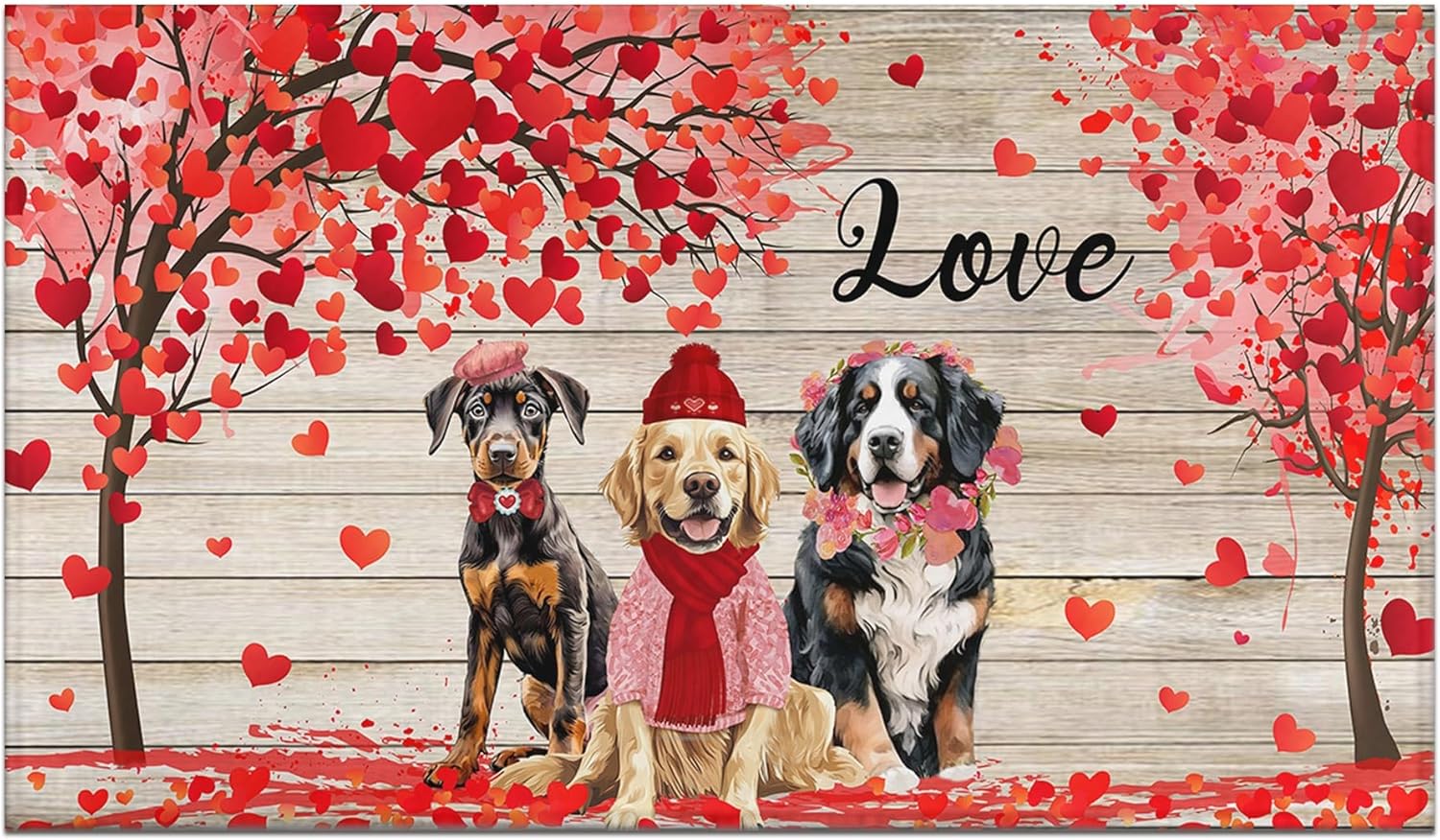 Dog Valentines Doormat Outdoor Rug Non-Slip Love Tree Front Door Mat Valentines Decorations for Home Washable Decorative Welcome Doormat 17"x30" Valentine Decor Indoor Outdoor