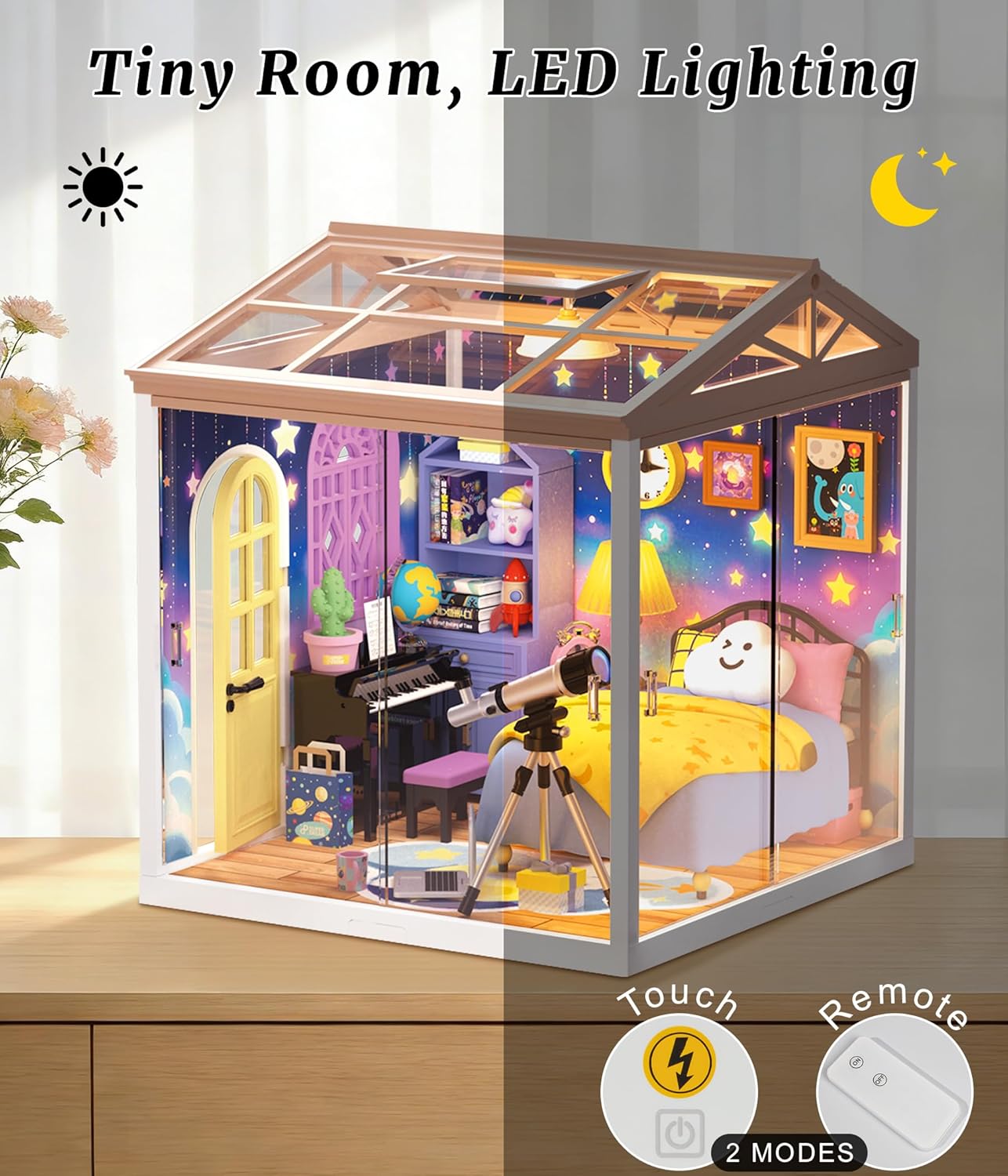 Starry Night Bedroom Miniature House Kit, DIY Space-Themed Dollhouse with Dustproof Sliding Doors & Roof, Tiny Room Building Model Kit for Adults & Teens, Creative Craft Gift for Space Lovers