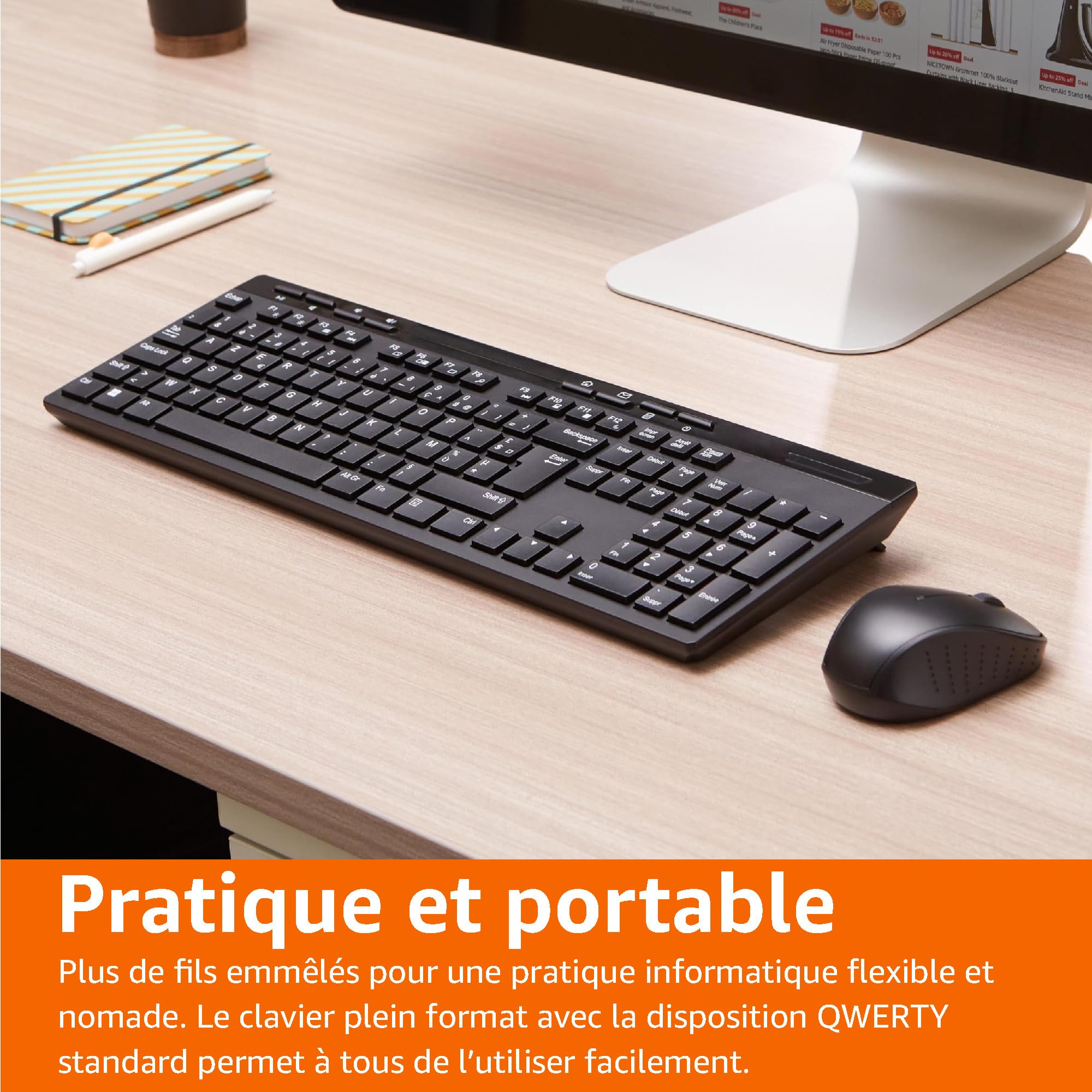 Amazon Basics Full-sized Wireless Keyboard & Mouse Combo, 2.4 GHz USB Receiver, FR Layout, Noir