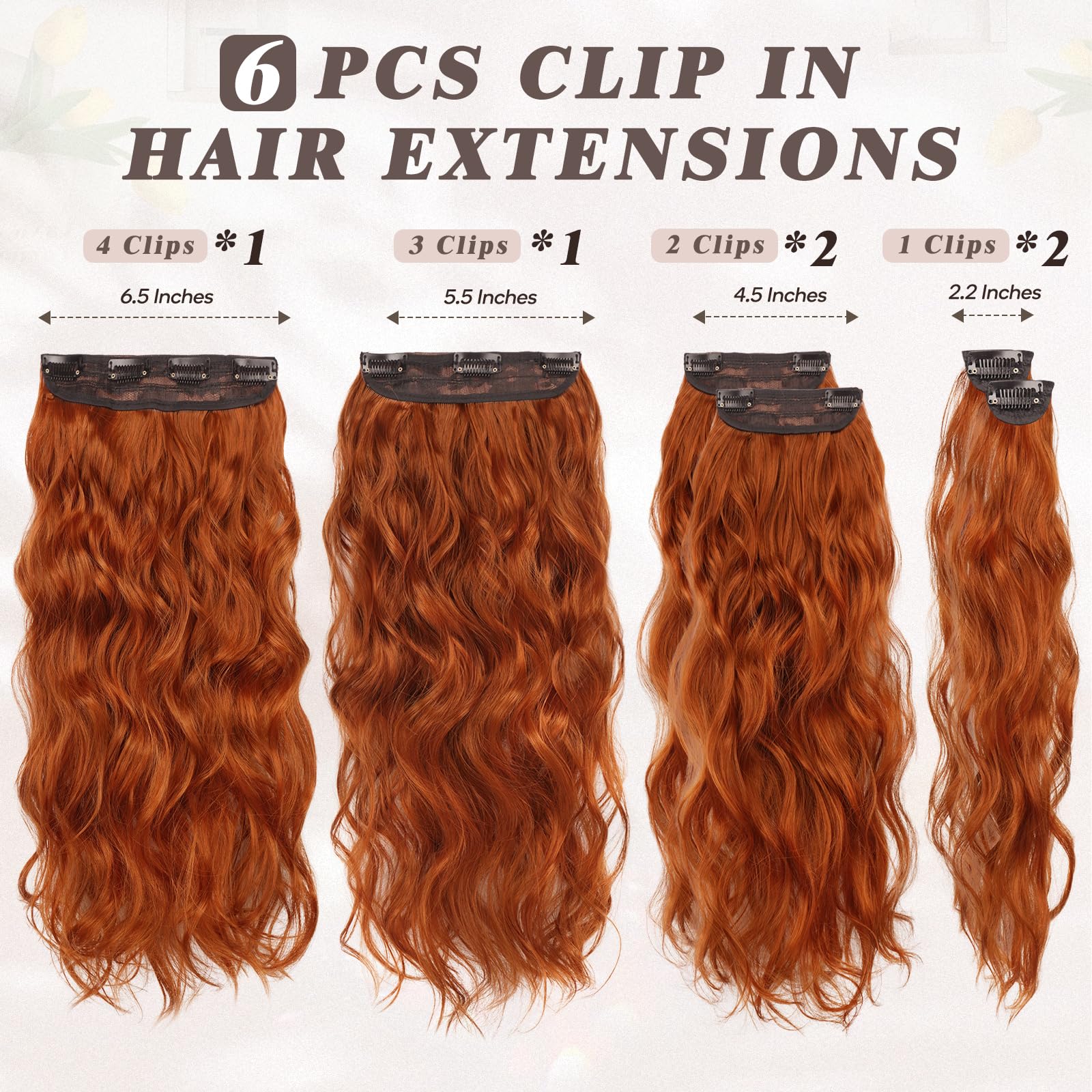 BARSDAR Extension Capelli a Clip, 50cm Lunga Ondulati Clip in Extension per Donna 6PCS Naturale Finta Hair Extension Sintetici Posticci Extension Capelli - Rosso Rame