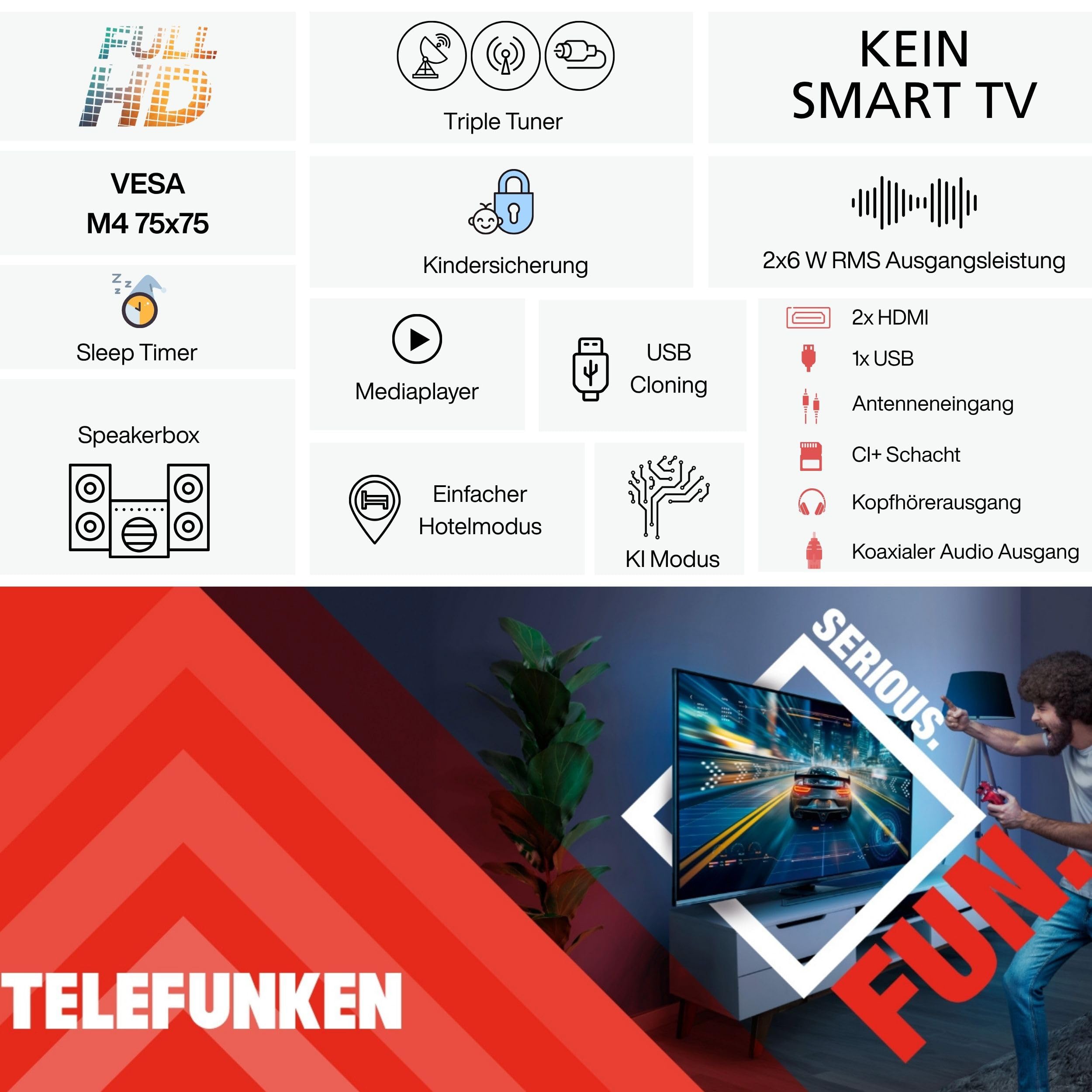 TELEFUNKEN XF40P900S 40 Zoll Fernseher LED TV Full HD (1920x1080 Pixel) mit 100 cm Bildschirmdiagonale und integriertem Triple-Tuner (2026)