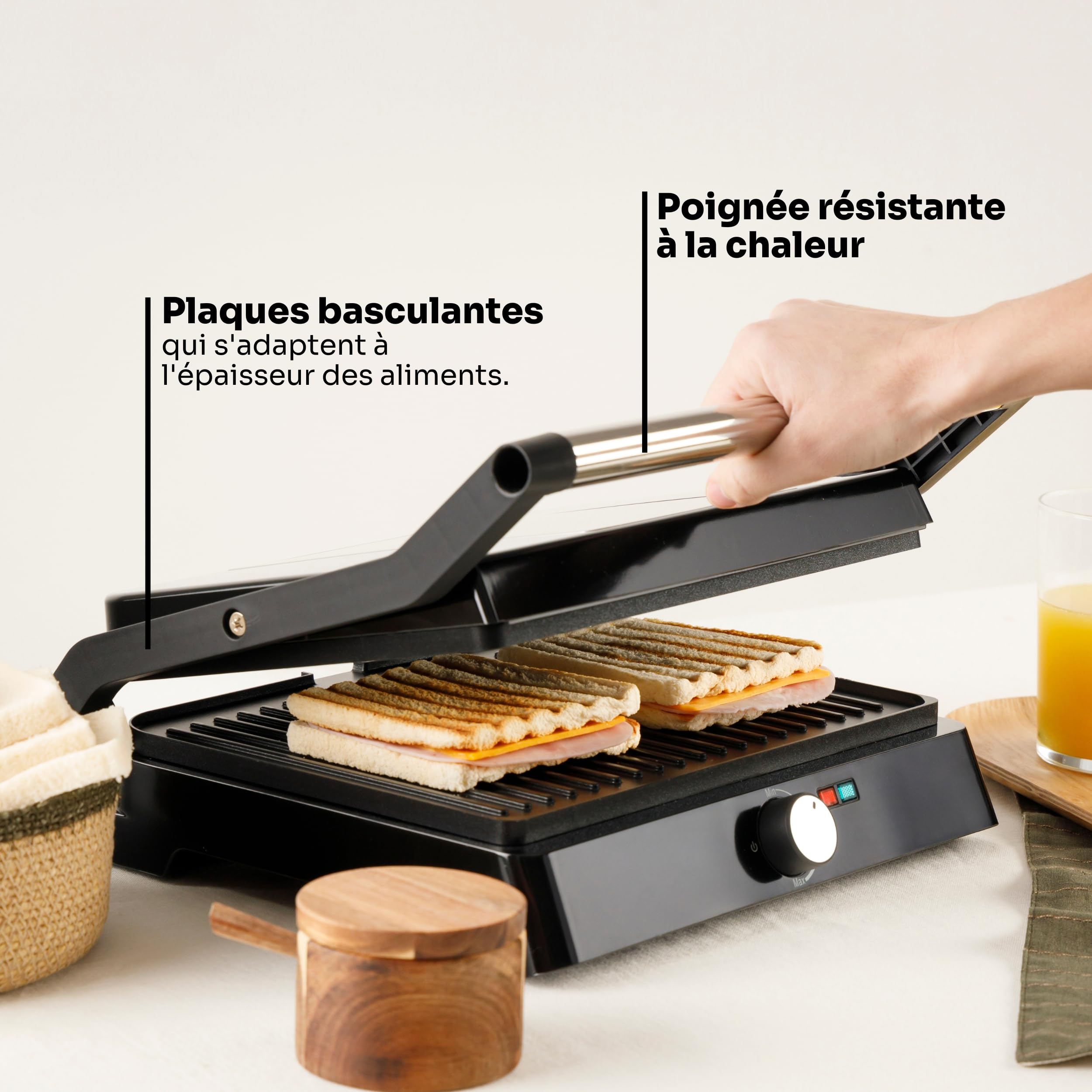 Mellerware - Gril électrique portable Hotty ! | 2200W | Anti-adhérent | 3 en 1 (Cuisinière, Assiette, Barbecue) | Régulateur de température | LED | Ouverture 180 degrés | 29 × 46 cm | Acier inoxydable