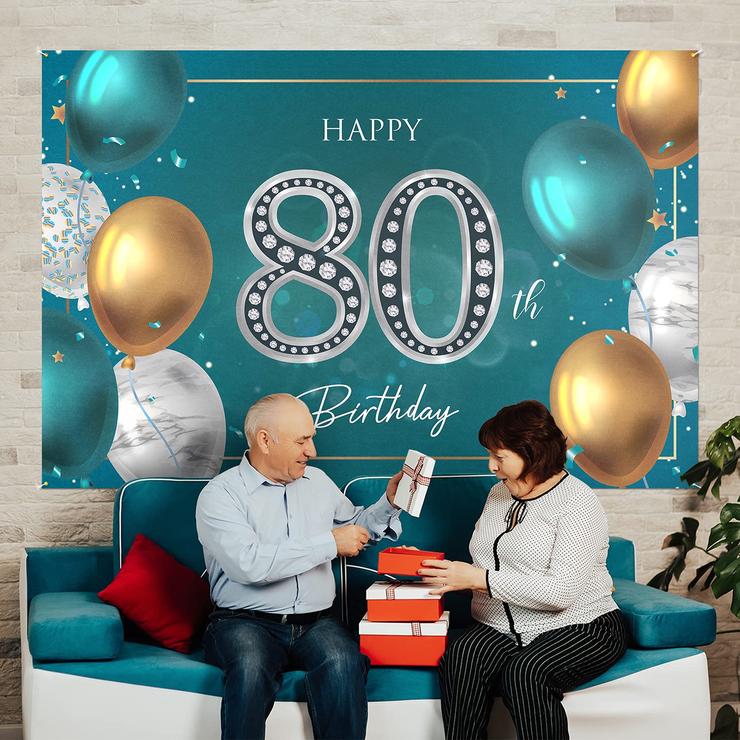 HAMIGAR 1,8 x 1,2 m Happy 80th Birthday Banner Hintergrund – 80 Jahre alt Geburtstag Dekorationen Partyzubehör für Frauen Männer – Grün Silber