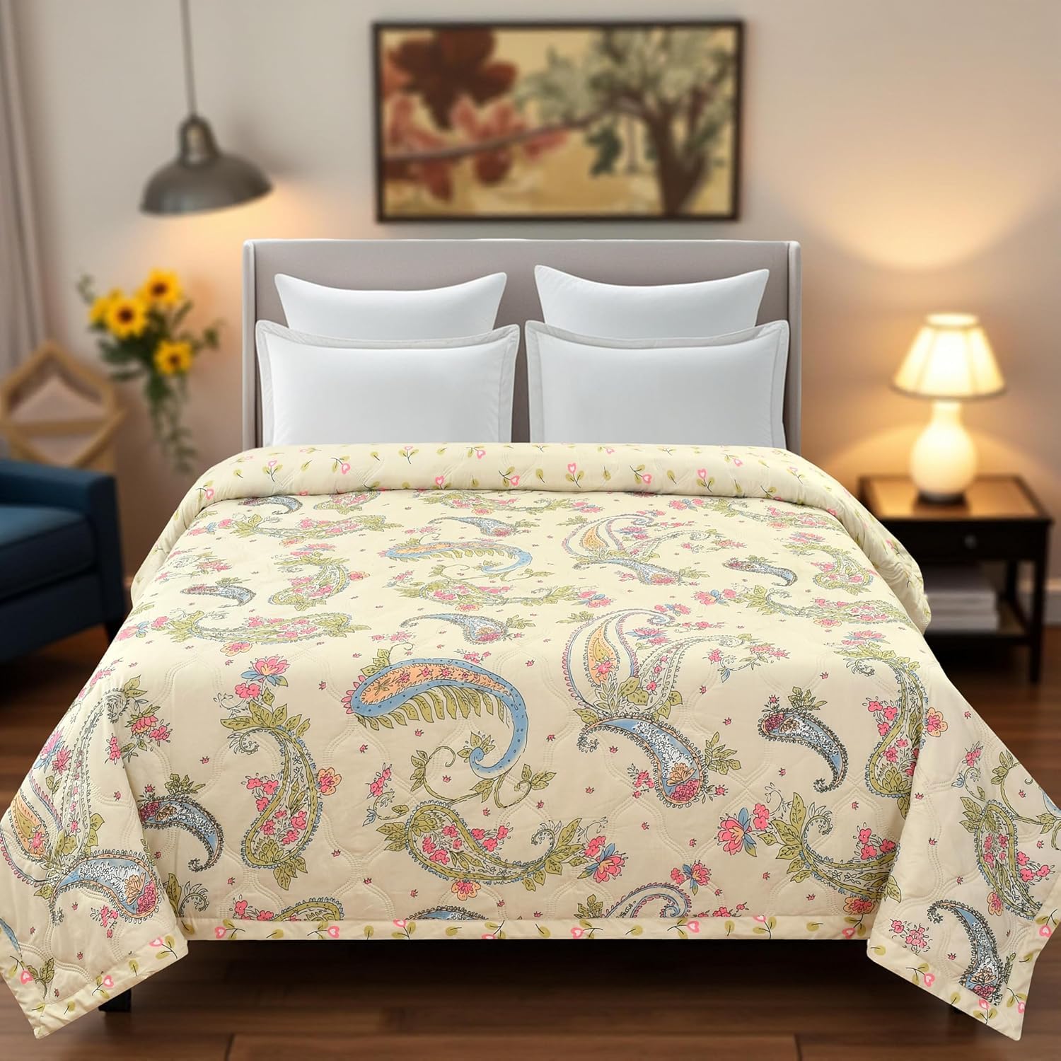 Dohar Double Bed 100% Cotton Blanket for Summer | 90x100 Inch Lightweight AC Comforter | 150 GSM Cooling Quilt | Classic Printed Ideal for Gifting (Single, Cream Color Carry Floral Desing)-picture-19