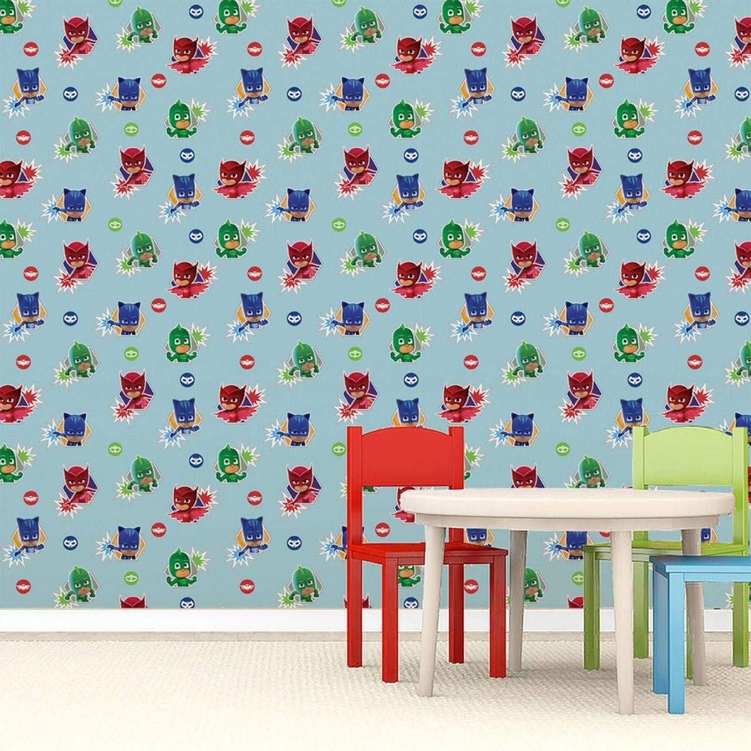 Yöl Blue Pj Mask Wallpaper Kids Bedroom Colourful Catboy Owlette And Gekko Nursery