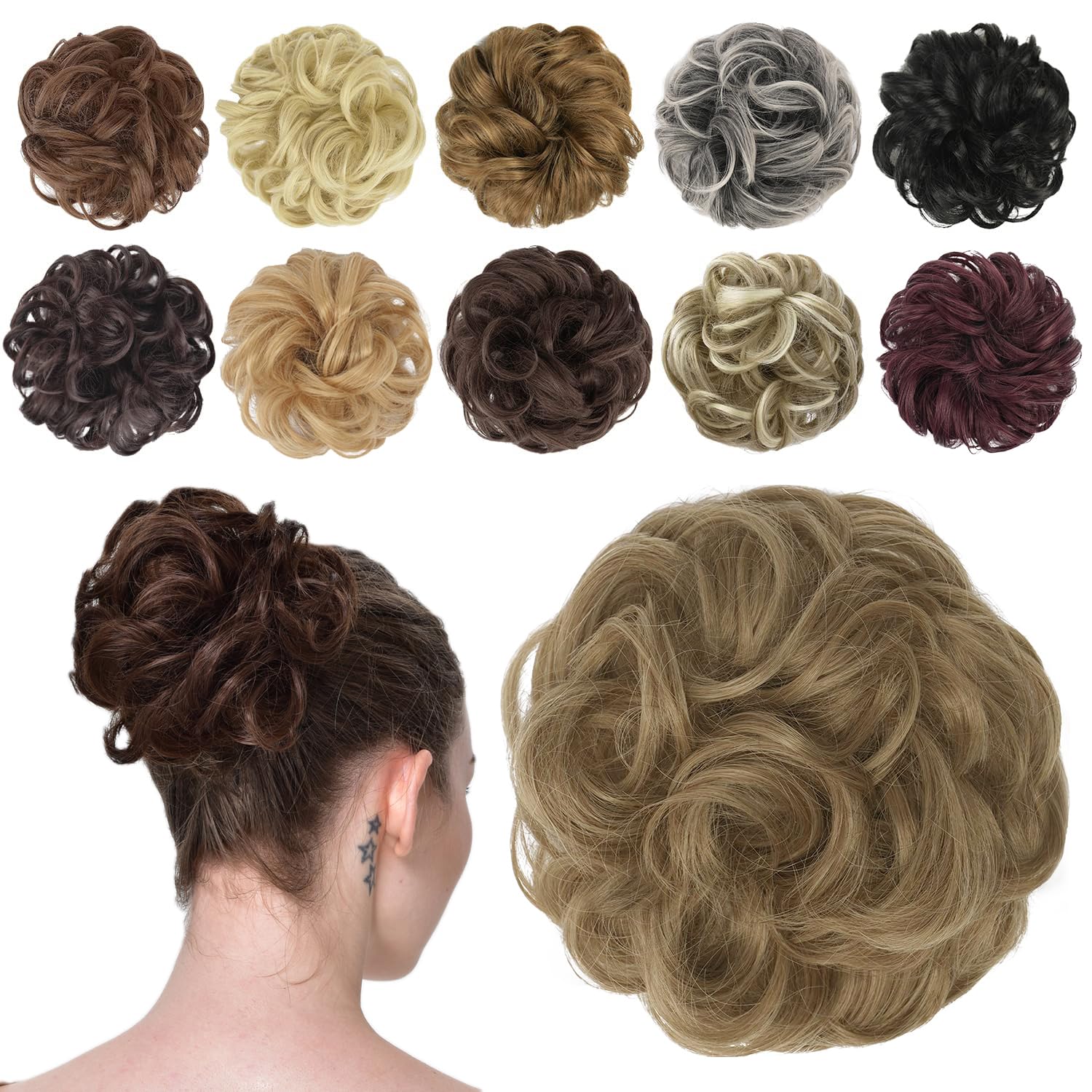 FESHFEN Updo Hairpiece Hair Ponytail Extensions Hair Extensions Scrunchy Bun Wavy Curly Messy Hair Bun Extensions Donut Hair Chignons Hair Piece Wig-12T24 Light Golden Brown & Pale Golden Blonde Ombre-image-10