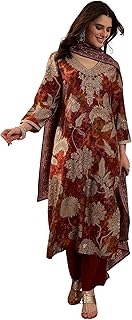 Vaamsi Women's Brown Polyester Printed Straight Floral Kurta Trousers With Dupatta Set | Fusion Straight Kurta Set For Wom...
