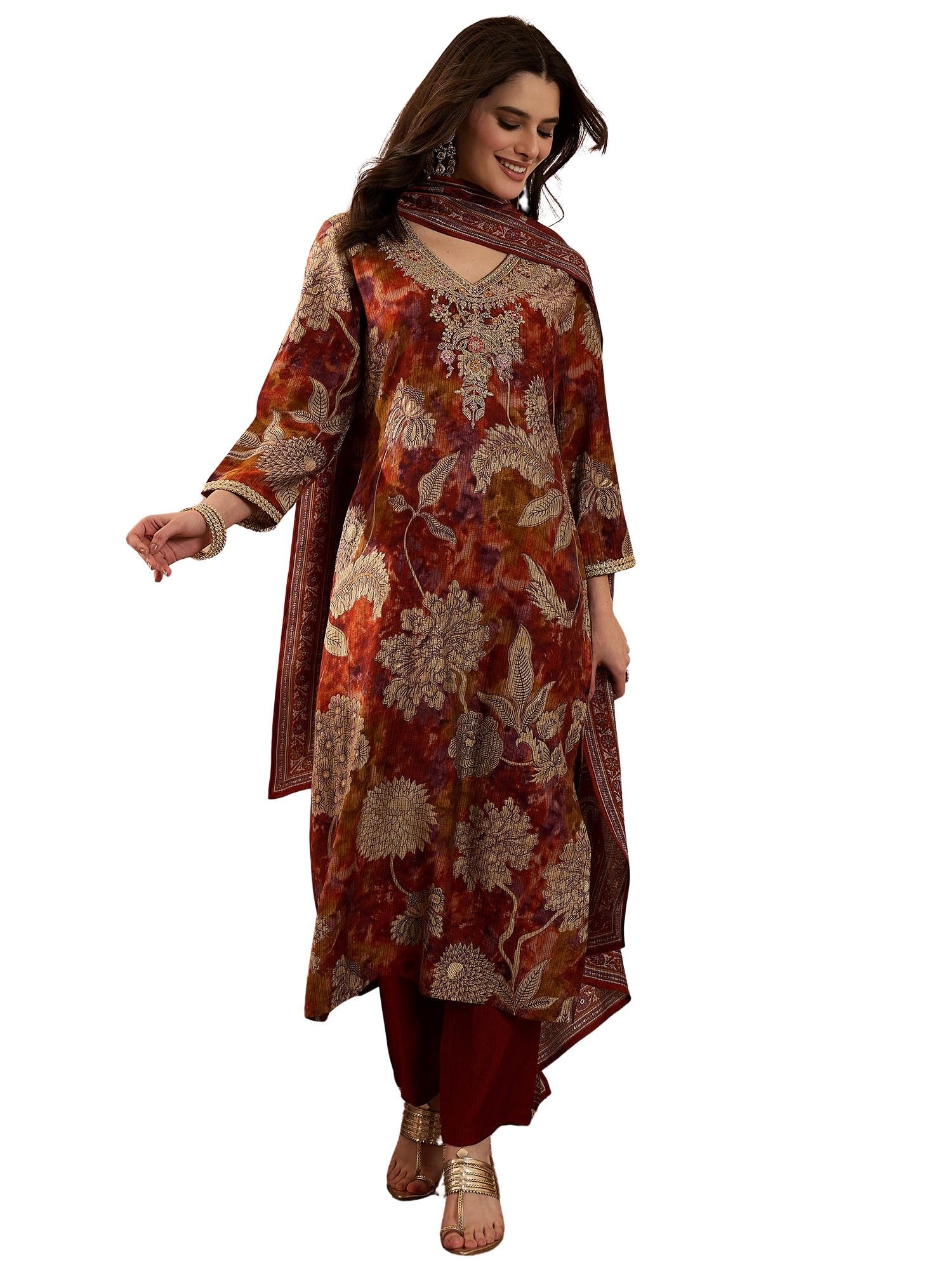 vaamsi Women's Brown Polyester Printed Straight Floral Kurta Trousers With Dupatta Set | Fusion Straight Kurta Set For Women | Floral Salwar Suit For Women-picture-39