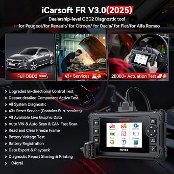 iCarsoft FR V3.0 Bidirectional Scan Tool Scanner for Peugeo/Dacia/Citroen/Renault/Fiat, 43+ Resets, All System Auto VIN/Diagnose/Test, Graphic Live Data, Lifetime Free Update